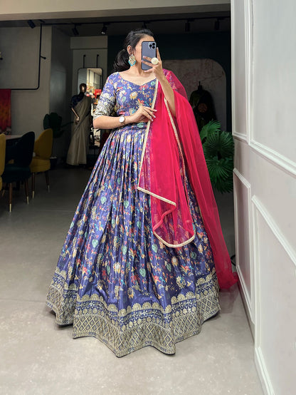 Chinon Embroidered Lehenga with Sequins Work & Net Dupatta