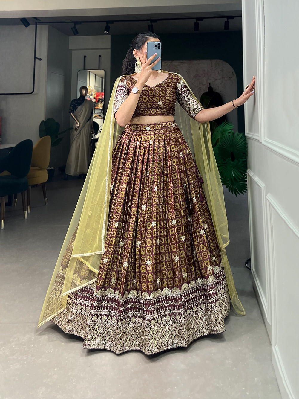 Chinon Embroidered Lehenga with Sequins Work & Net Dupatta