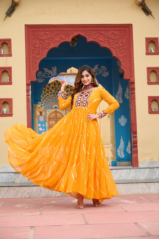 ✨ New Arrival – Laheriya Print Kutchi Patchwork Gown ✨