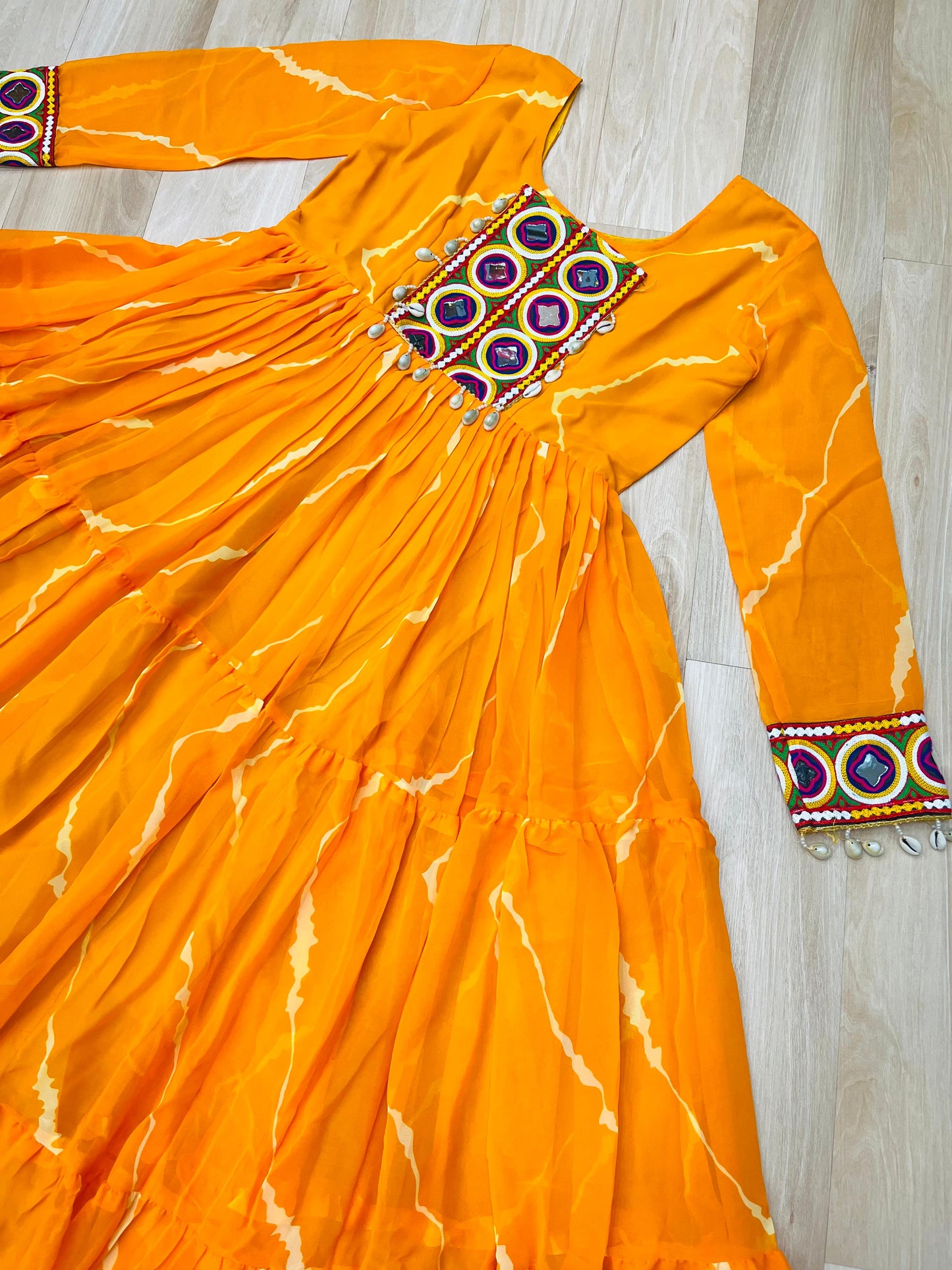 ✨ New Arrival – Laheriya Print Kutchi Patchwork Gown ✨