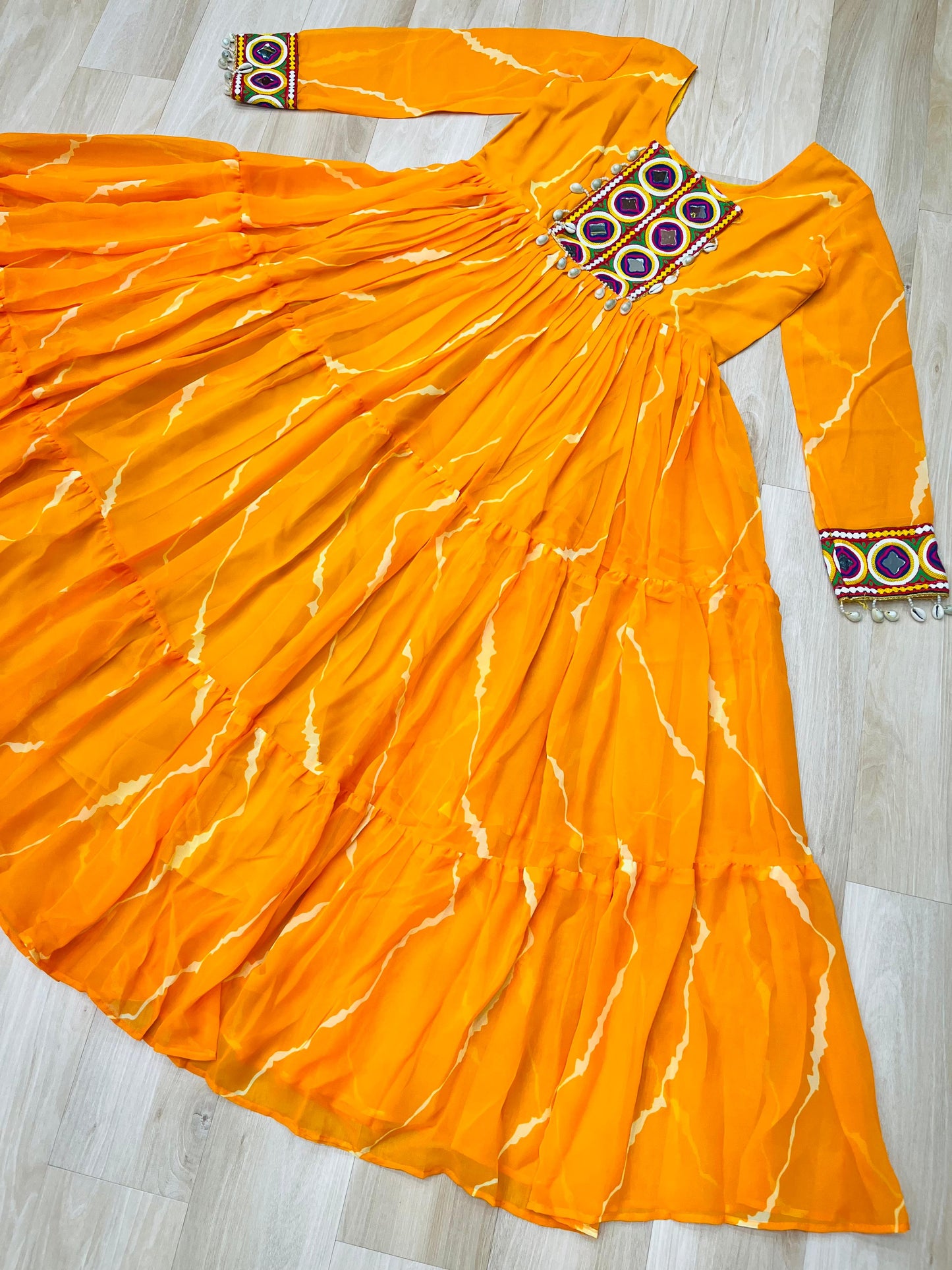 ✨ New Arrival – Laheriya Print Kutchi Patchwork Gown ✨