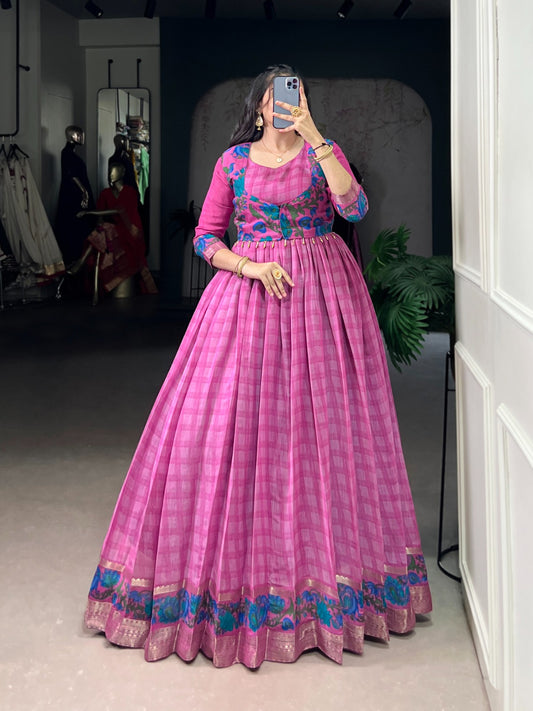 ✨ Elegant Printed Chanderi Gown with Stylish Koti ✨