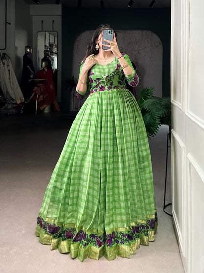 ✨ Elegant Printed Chanderi Gown with Stylish Koti ✨