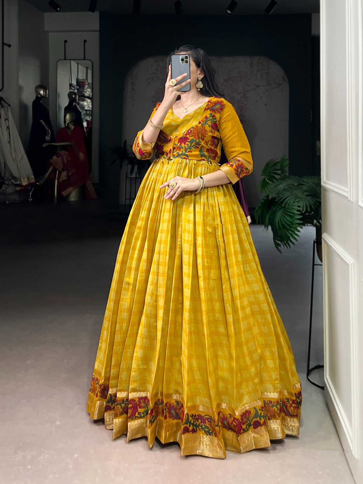 ✨ Elegant Printed Chanderi Gown with Stylish Koti ✨