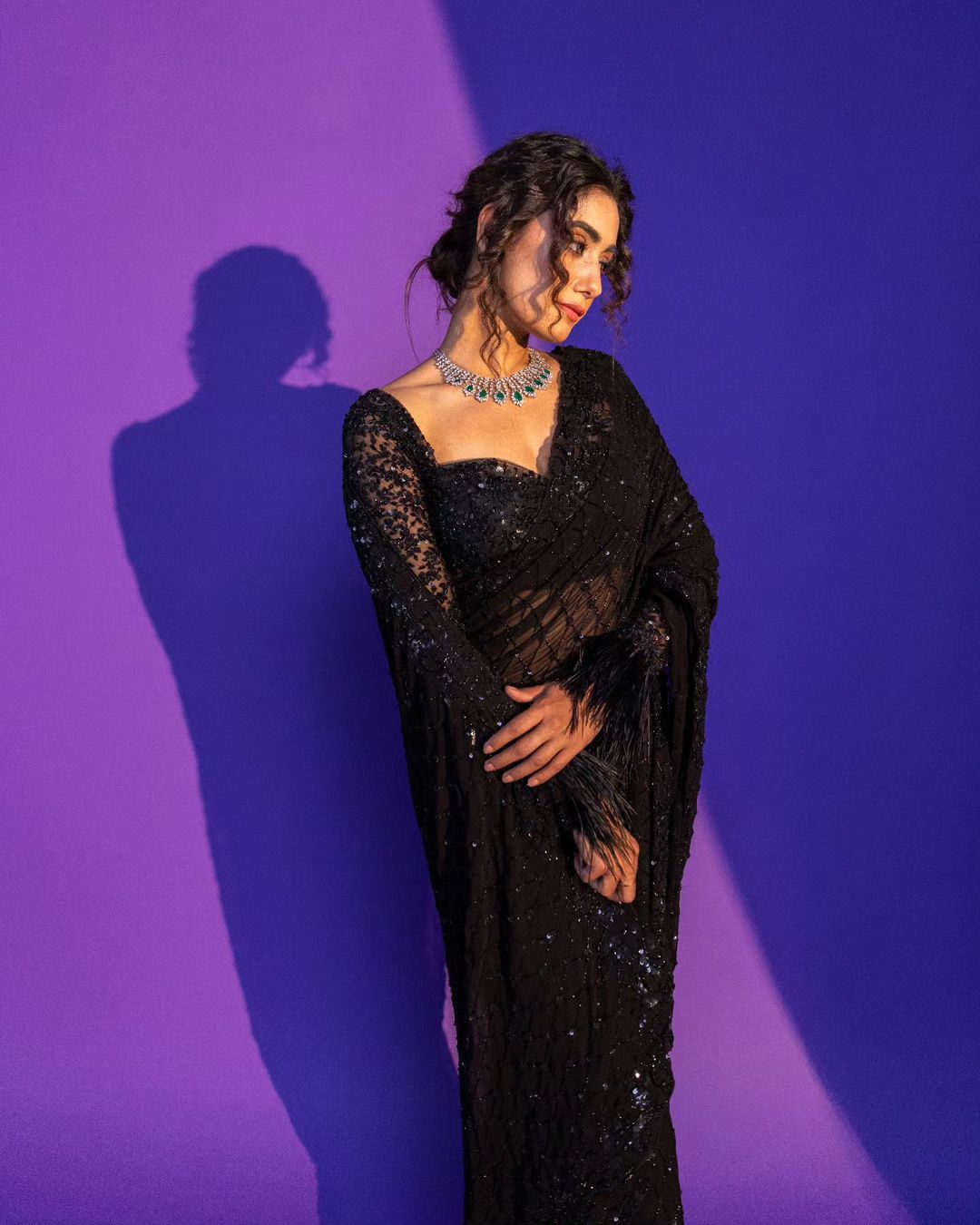Black Soft Net Sequins Embroidered Saree Front View