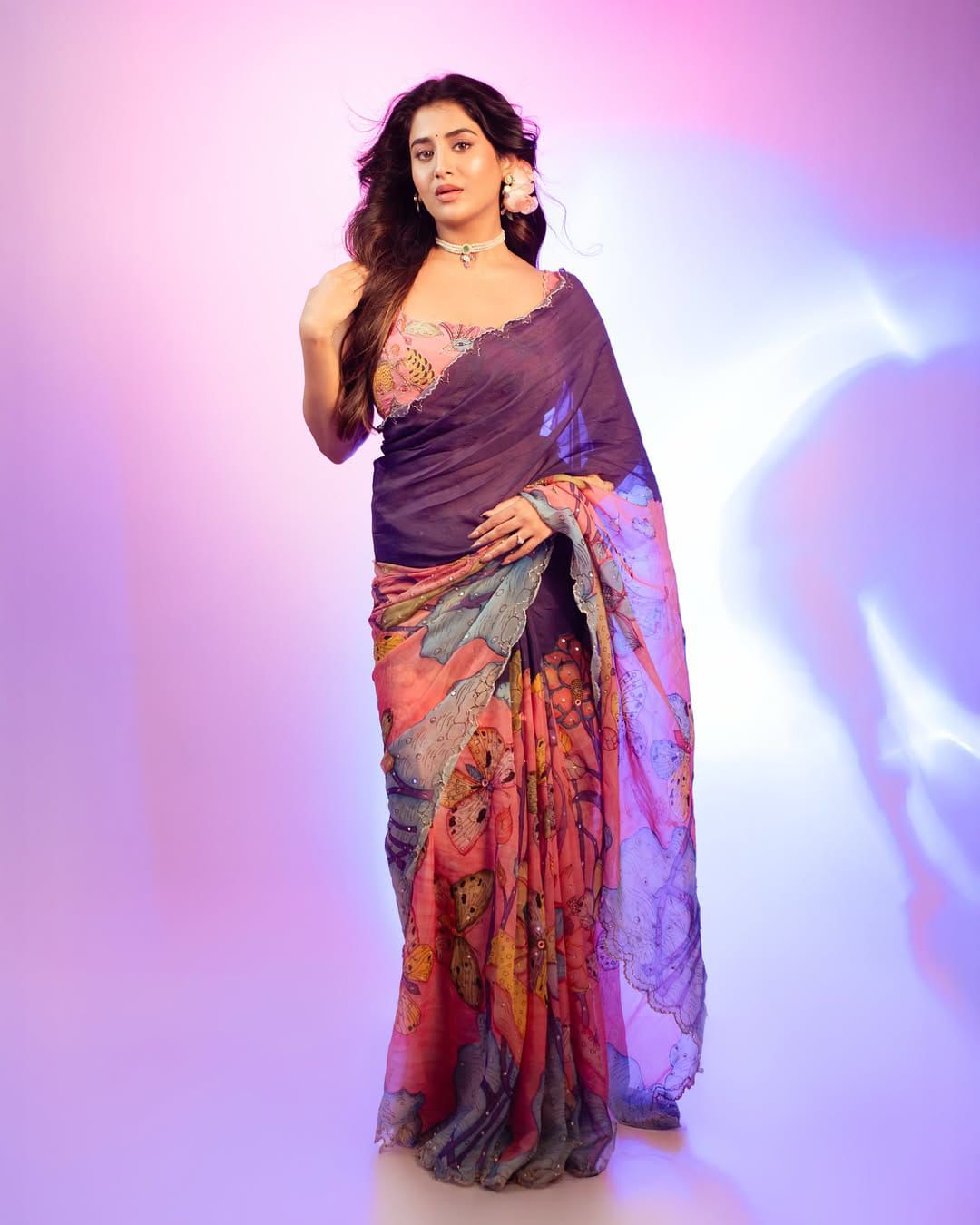 Soft Tebby Silk Floral Printed Saree Front View