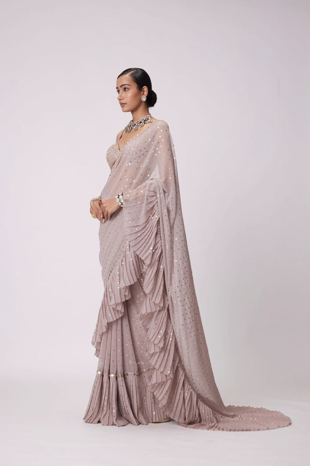Faux Georgette Sequins Embroidered Saree Front View