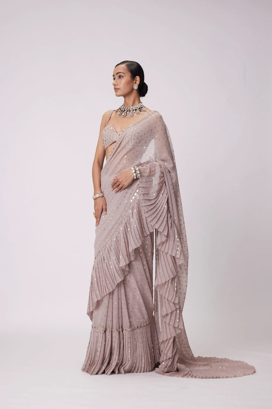 Faux Georgette Sequins Embroidered Saree Front View