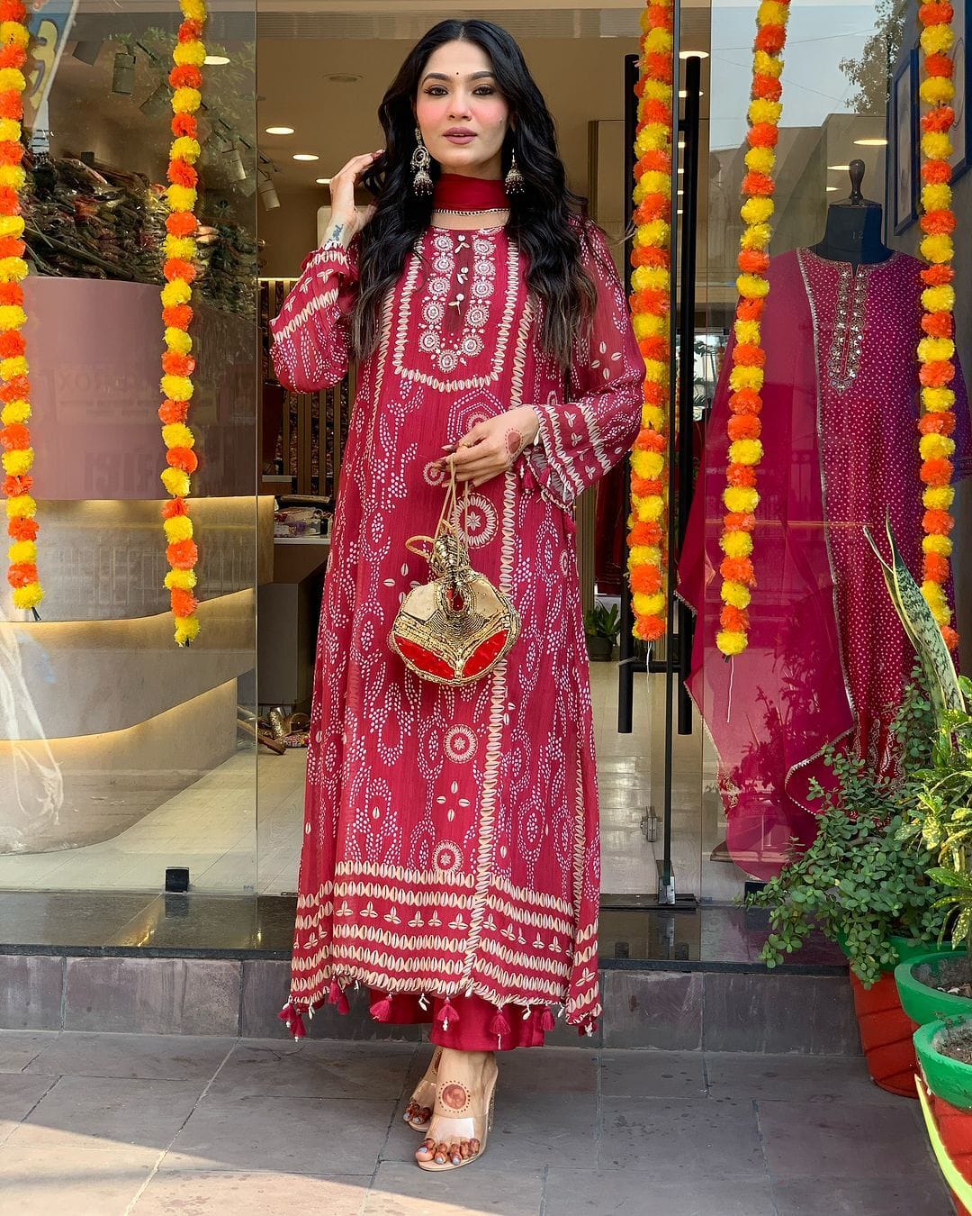 Red Readymade Suit Set with Dupatta and Bottom