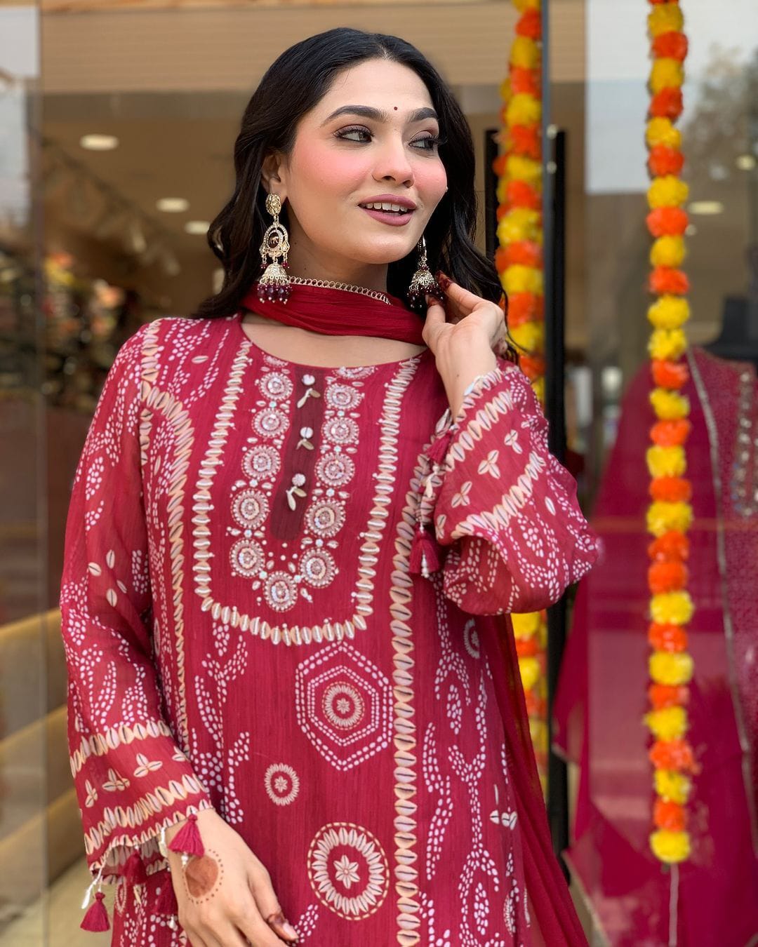 Red Diamond Silk Schiffli Handwork Suit Set Front View
