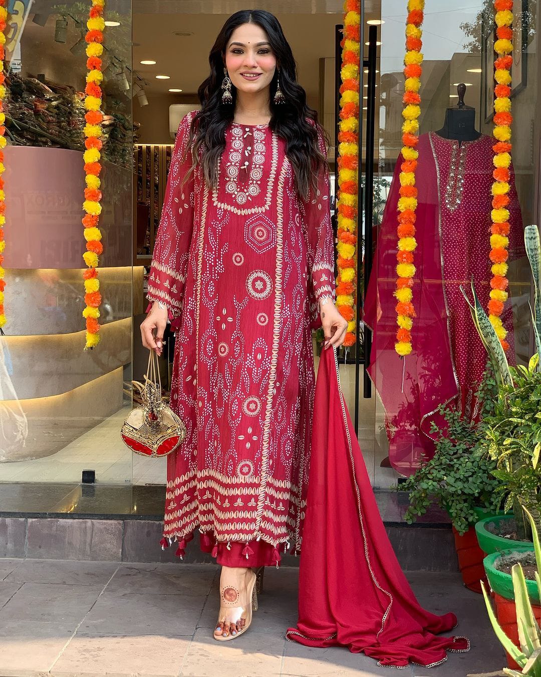 Red Diamond Silk Schiffli Handwork Suit Set Front View