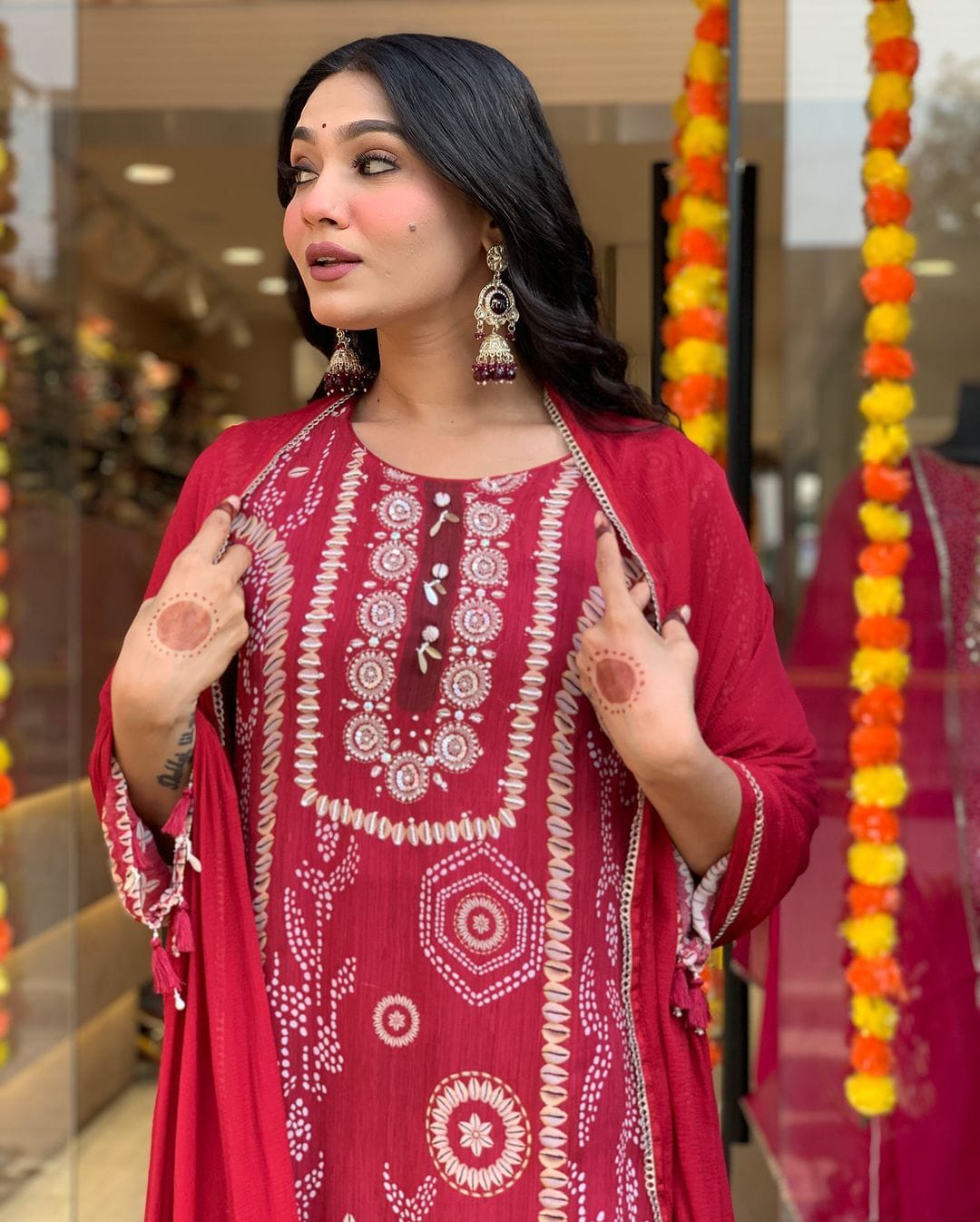 Red Diamond Silk Schiffli Handwork Suit Set Front View