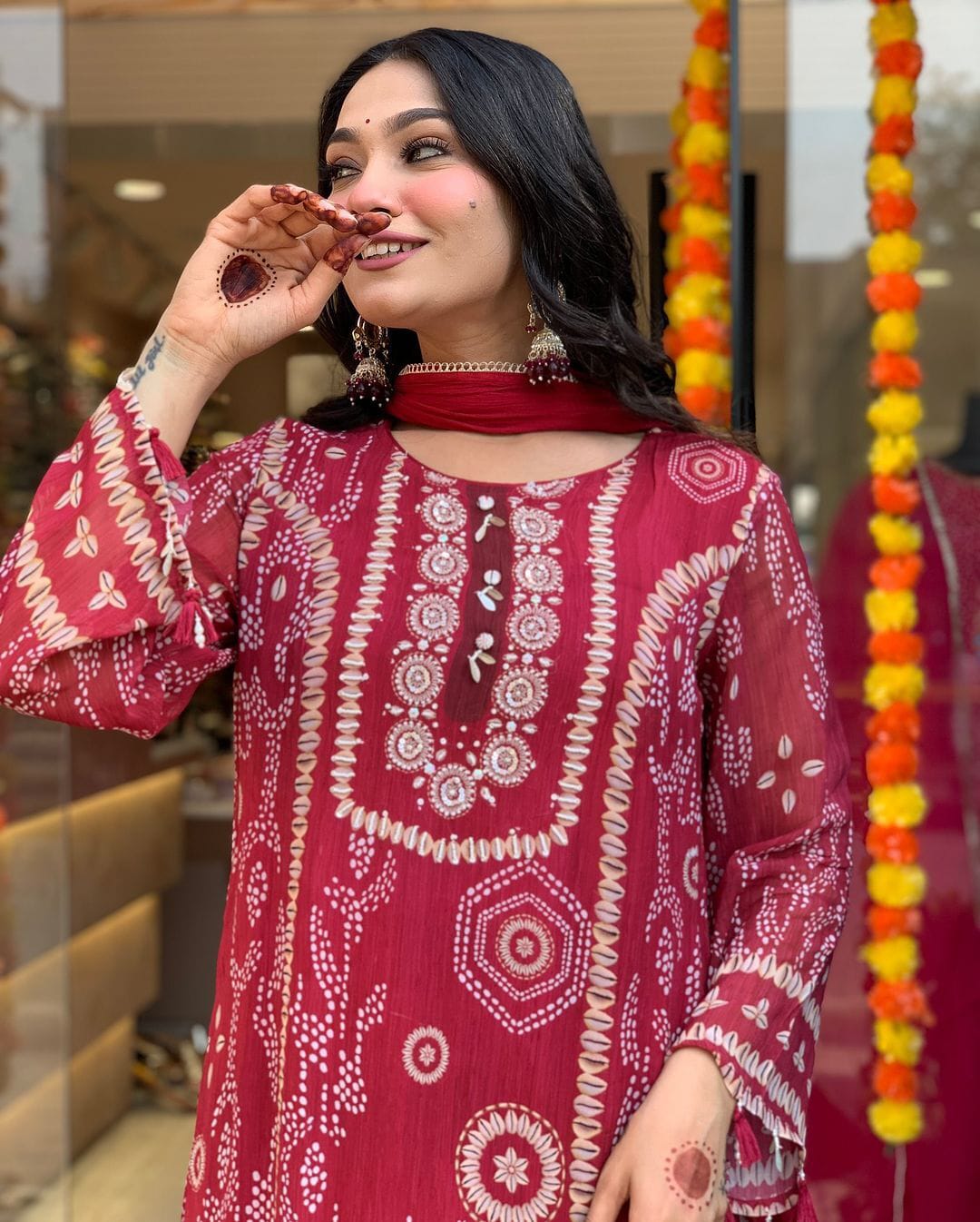 Red Diamond Silk Schiffli Handwork Suit Set Front View