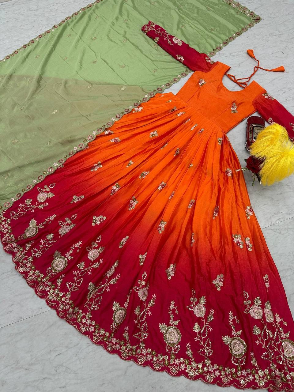 Heavy Chinon Gown with Sequence Embroidery and Dupatta