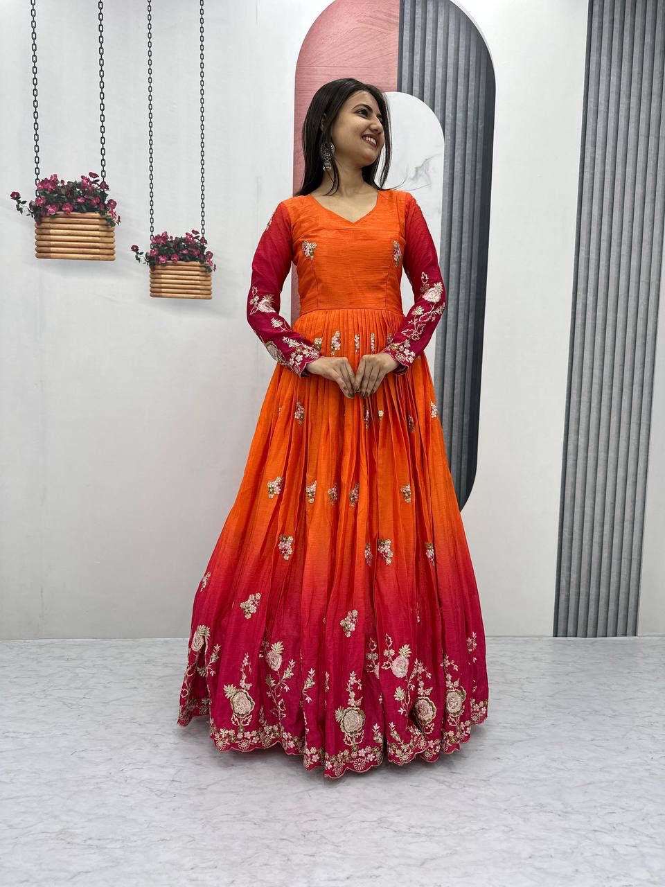 Heavy Chinon Gown with Sequence Embroidery and Dupatta