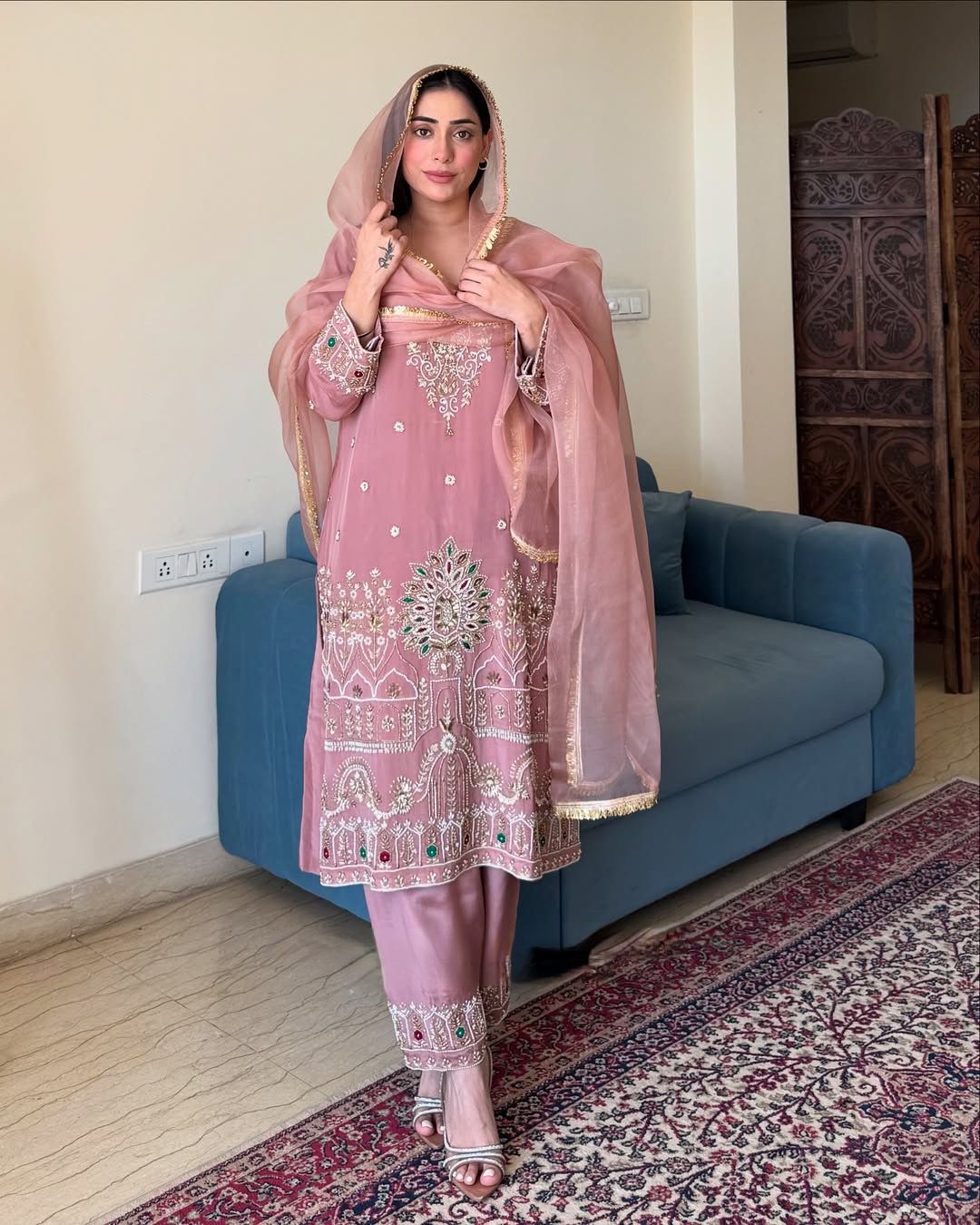 French Crape Embroidered Suit Set Front View