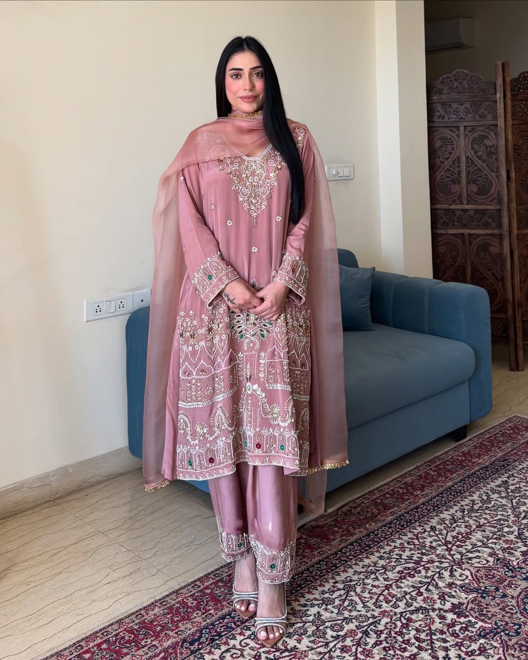 French Crape Embroidered Suit Set Front View