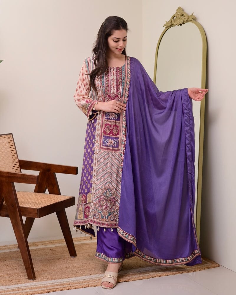 Pure Chinon Kurti Plazzo Set with Dupatta & Moti Mala