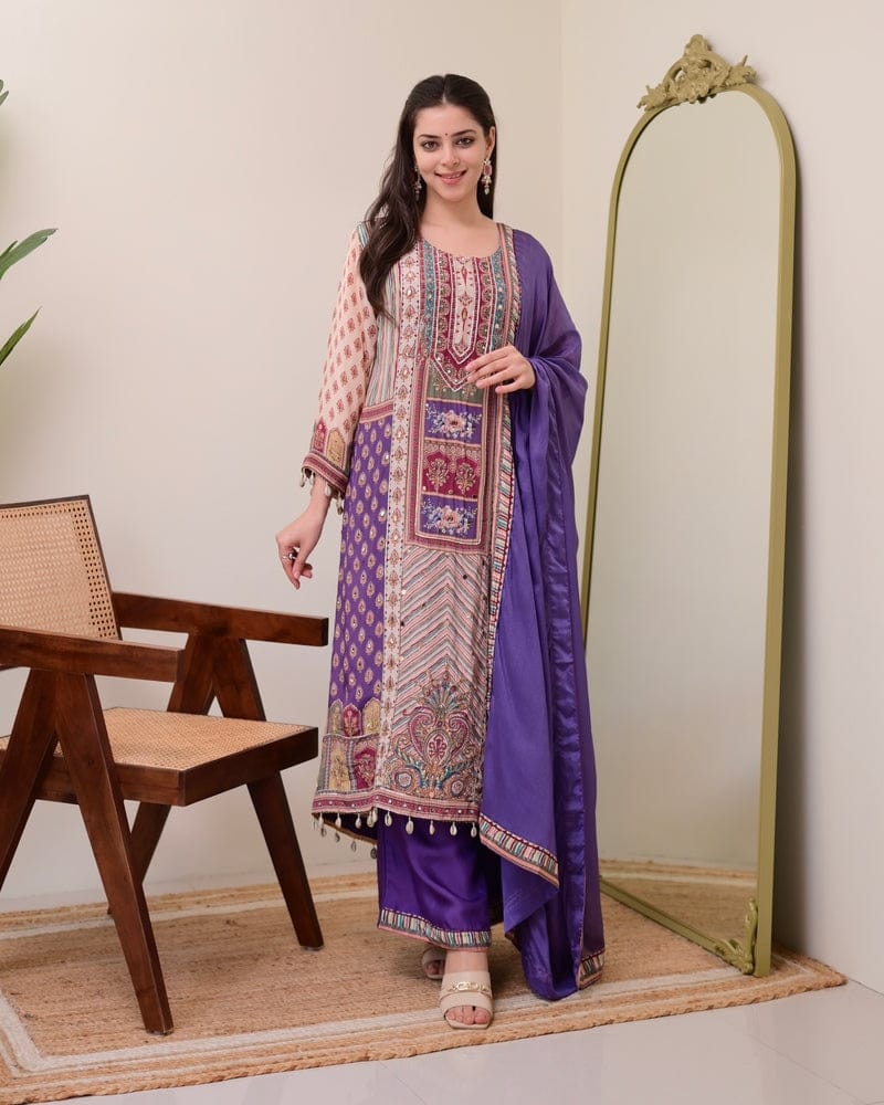 Pure Chinon Kurti Plazzo Set with Chiffon Dupatta