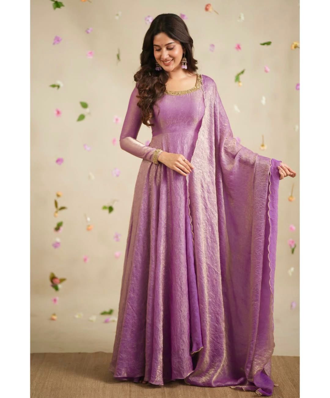 Soft Gold Crush Silk Gown with Embroidery and Sequins Work