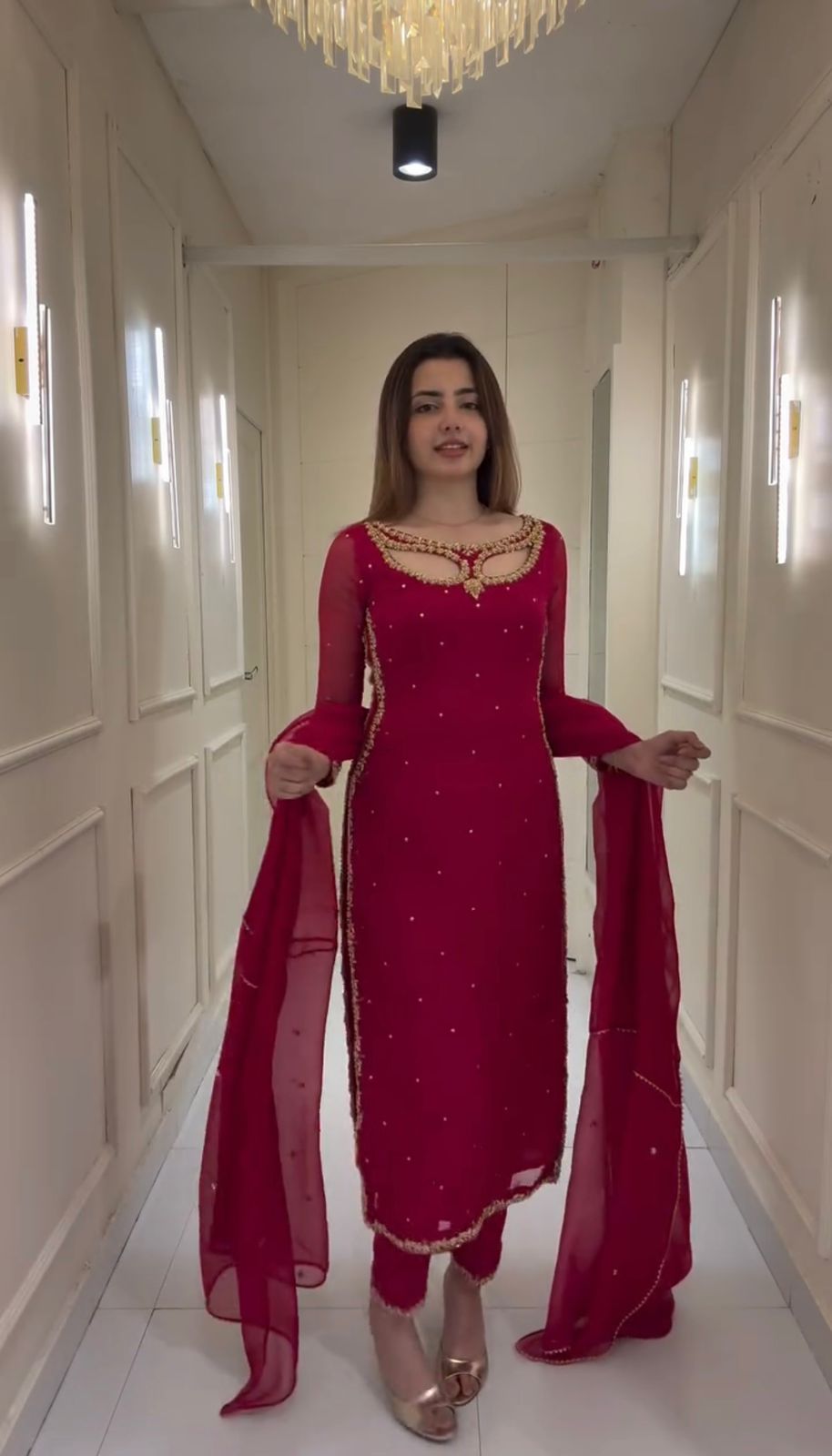 Faux Georgette Embroidered Suit with Real Pearl Moti front view