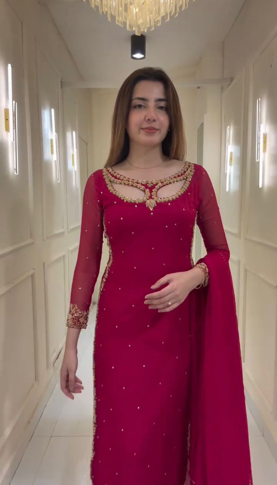 Faux Georgette Embroidered Suit with Real Pearl Moti front view