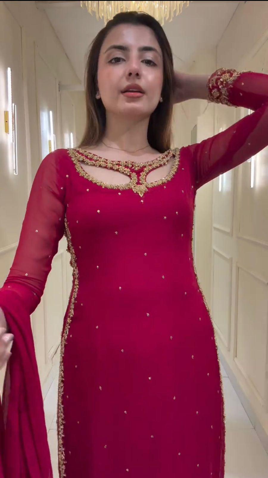 Faux Georgette Embroidered Suit with Real Pearl Moti front view