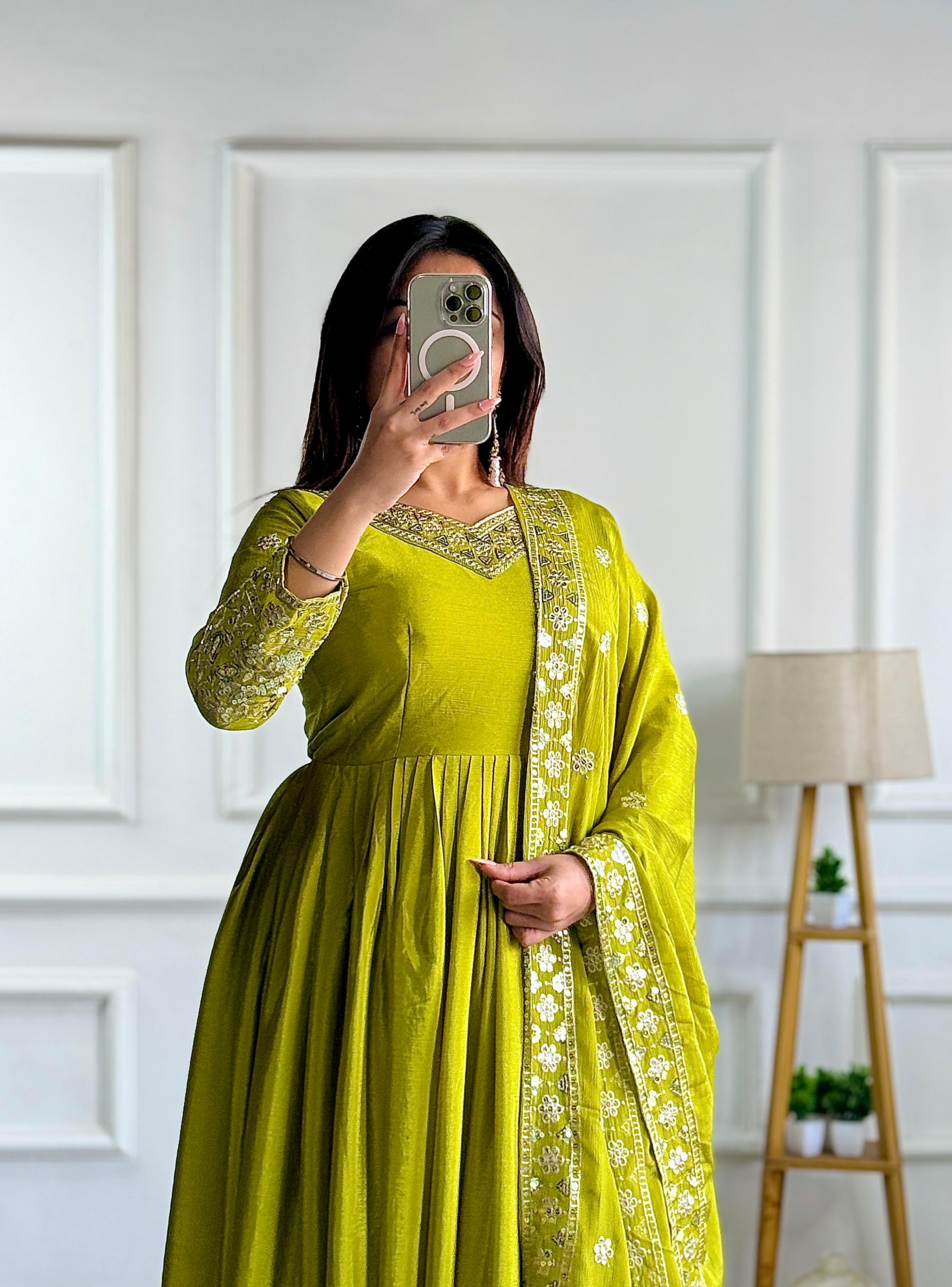 Pure Chinon Silk Embroidered Gown Set with Dupatta & Bottom