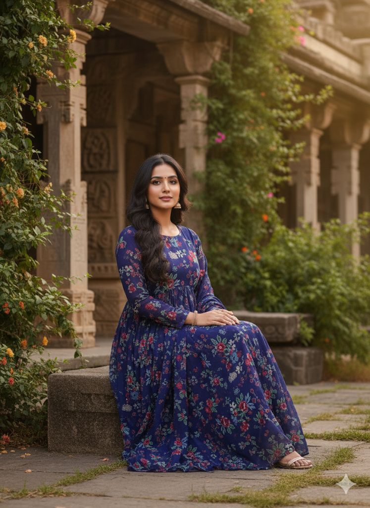 Blue Floral Fox Georgette Anarkali Suit Set
