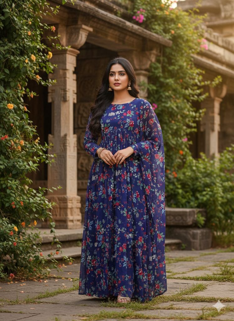Blue Floral Fox Georgette Anarkali Suit Set