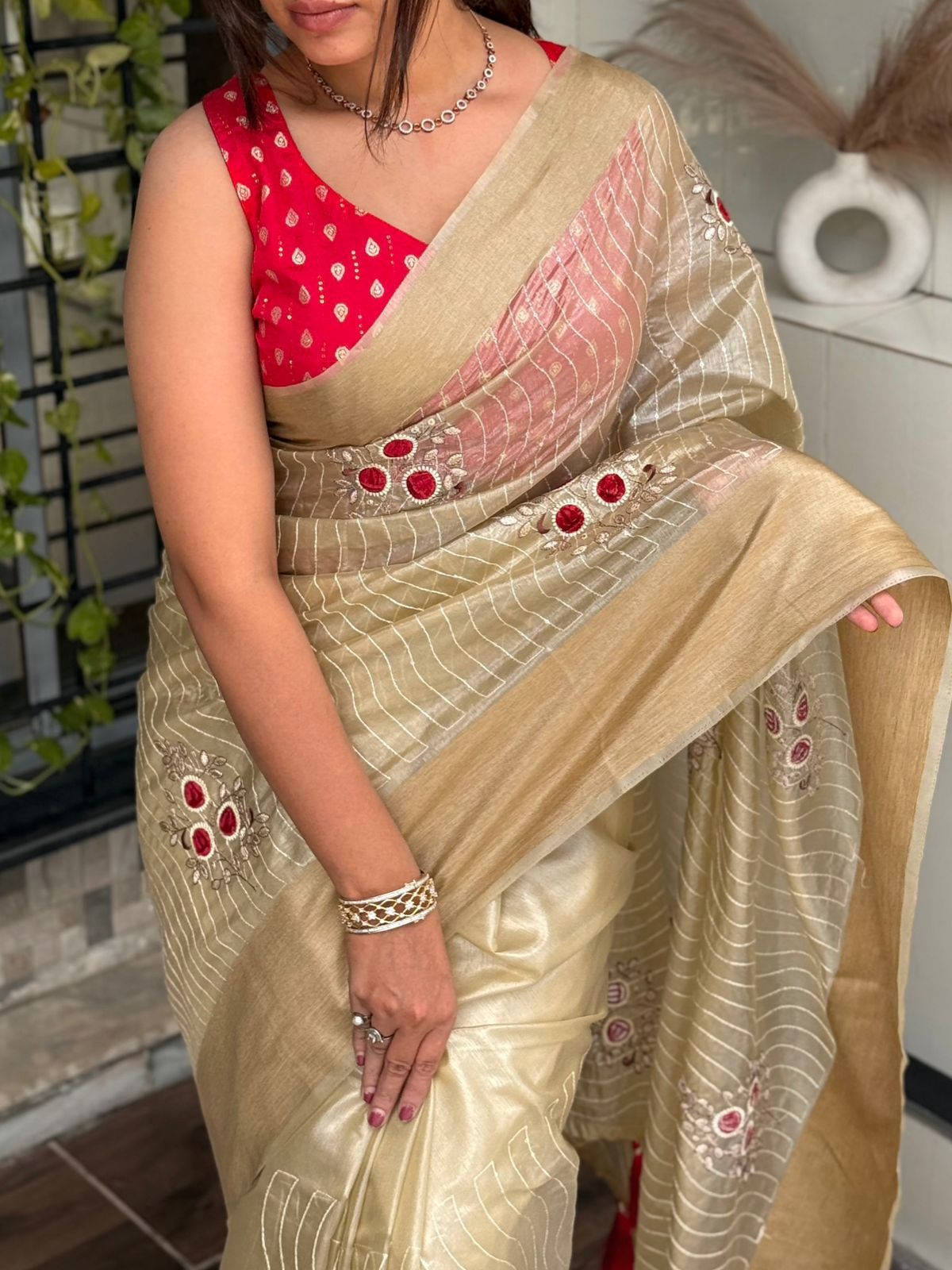 Tissue Silk Saree with Blade Cut Zari Work and Contrast Jacquard Blouse