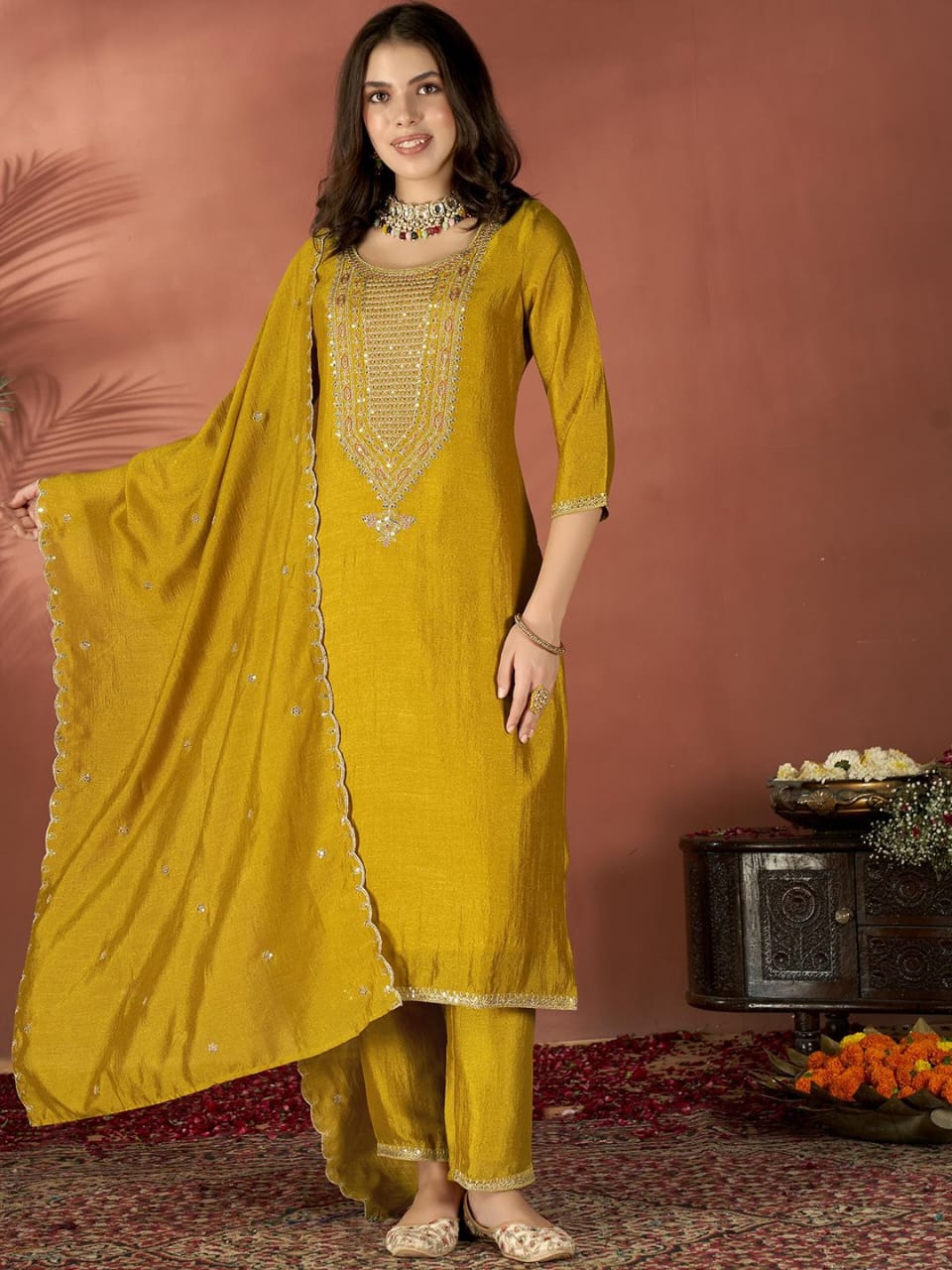 Pure Vichitra Silk Embroidered Suit Set with Dupatta