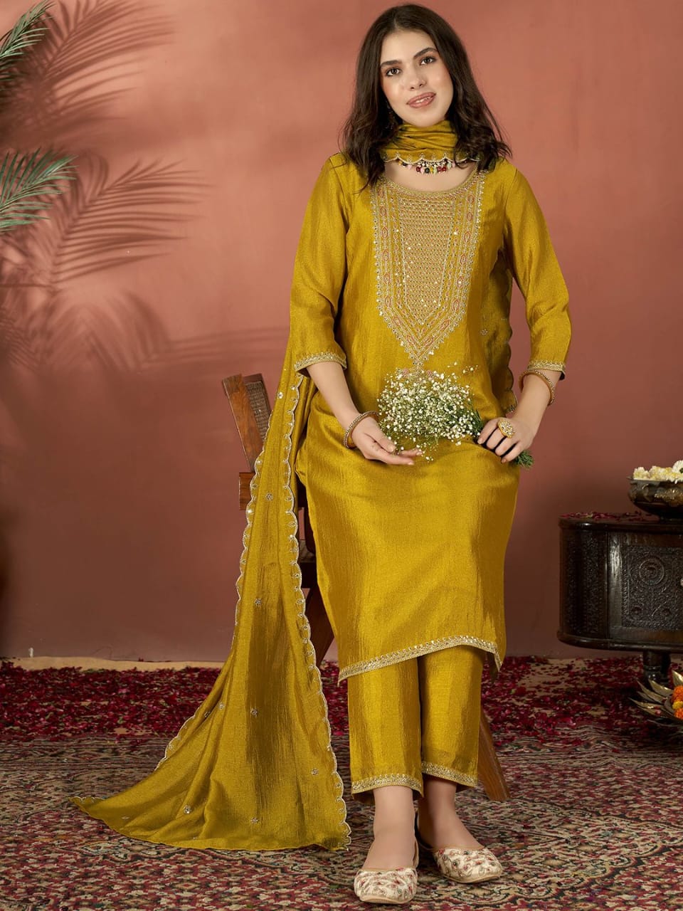Elegant Vichitra Silk Suit with Sequence Coding Embroidery