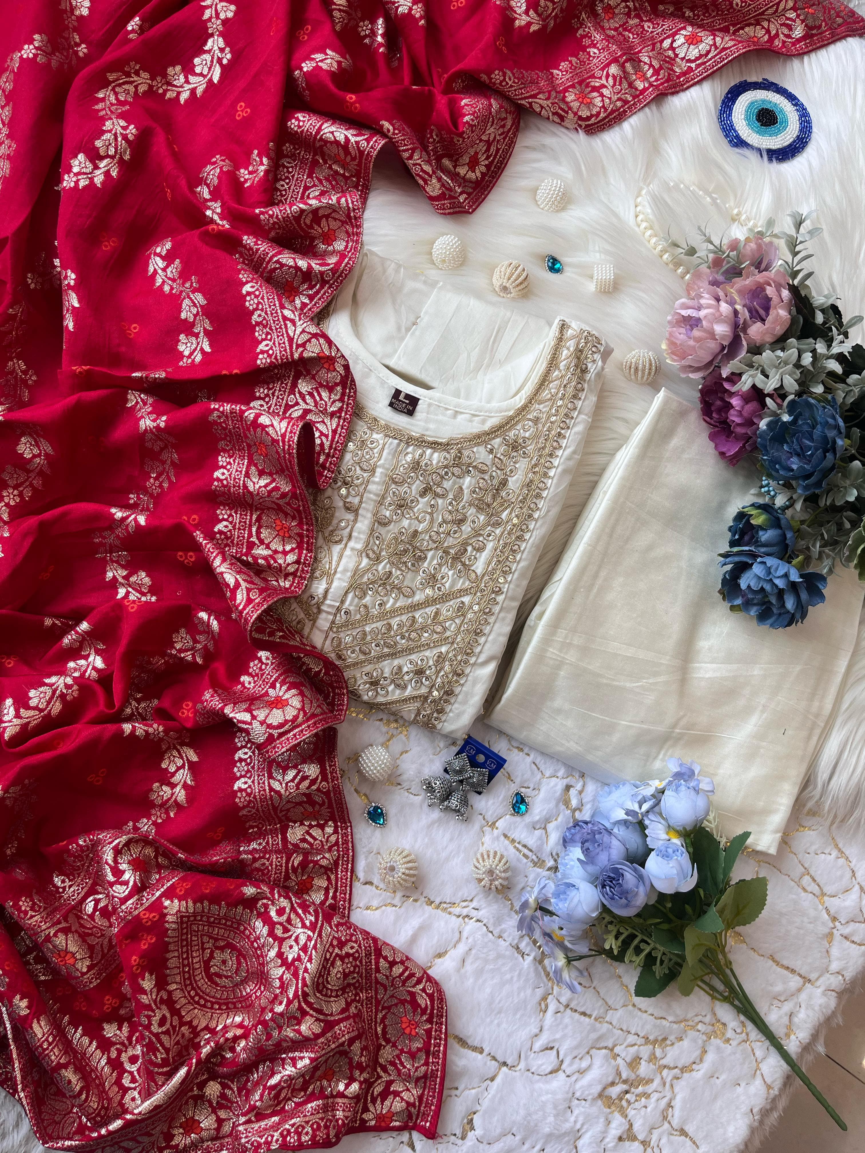 Elegant Banarasi Silk Anarkali Kurti Pant Dupatta Set – Festive Wear