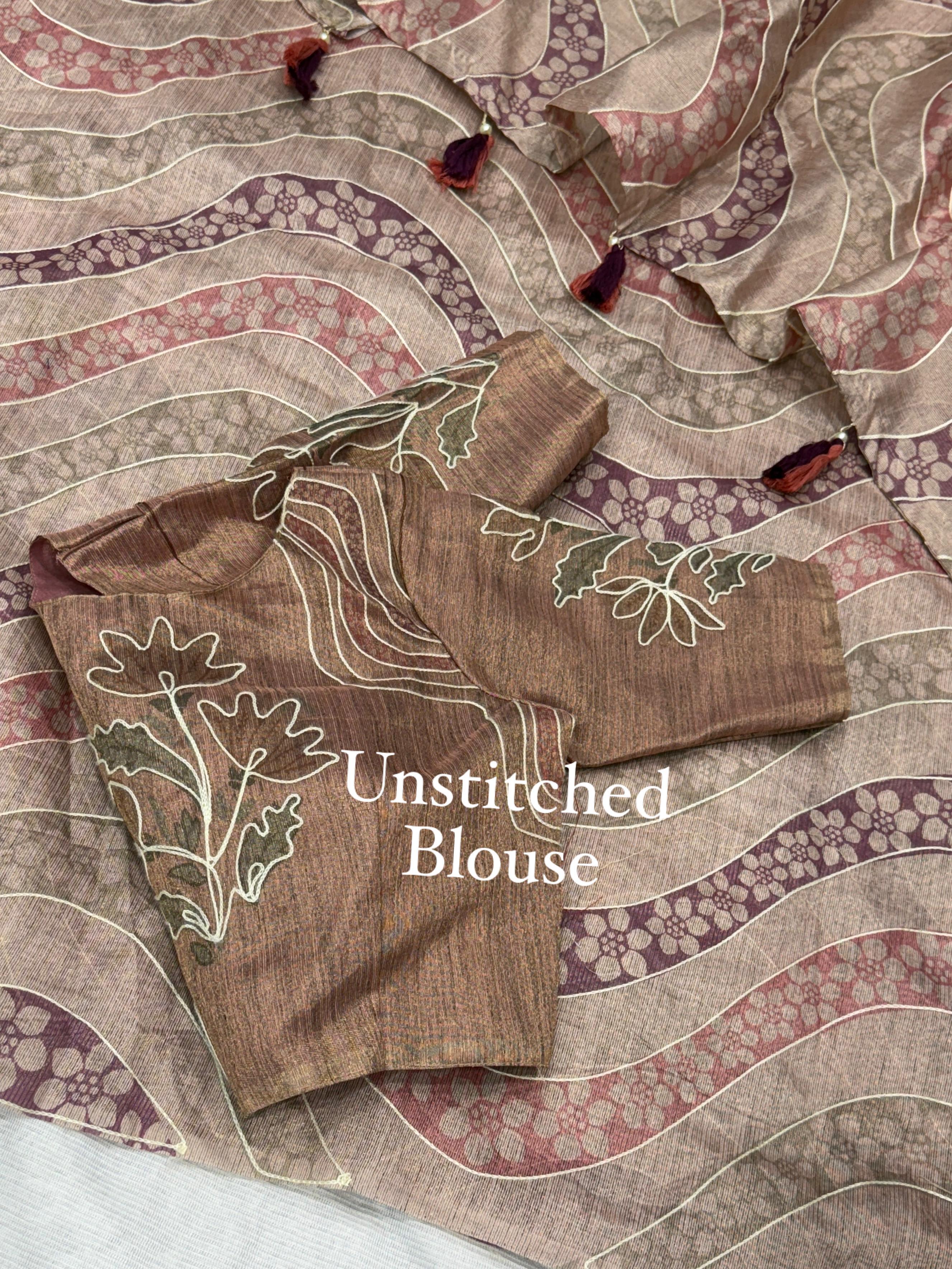 Elegant Linen Copper Zari Cotton Saree with Hand Khatha Work
