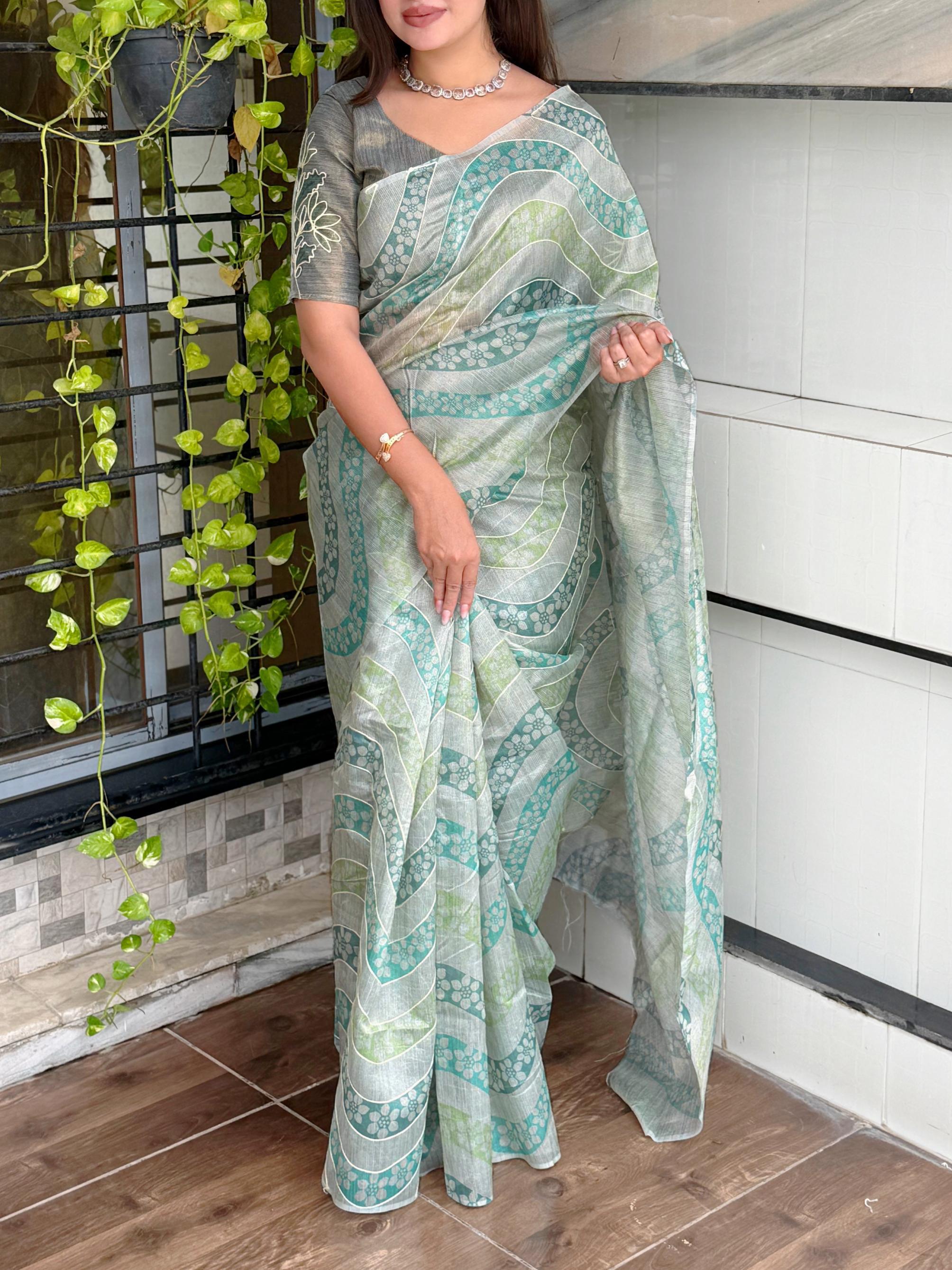 Elegant Linen Copper Zari Cotton Saree with Hand Khatha Work
