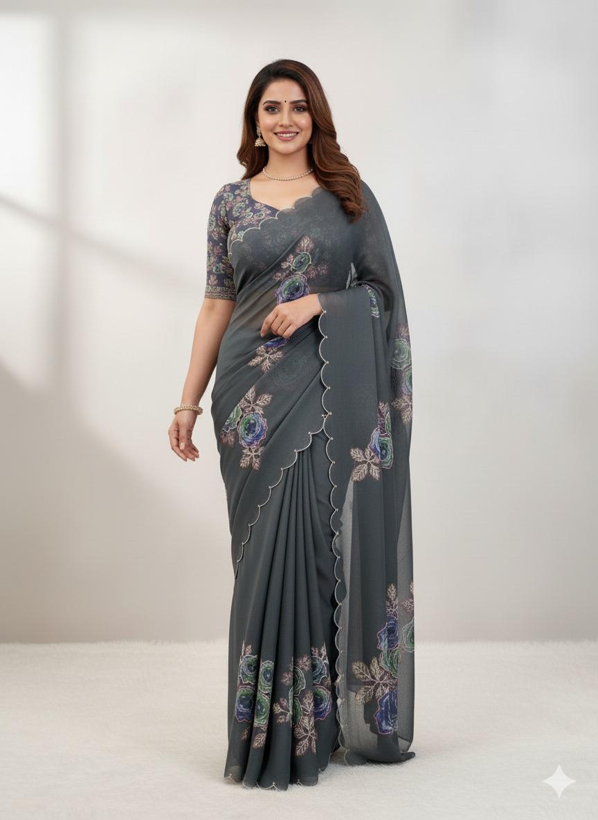 Pure Soft Tabby Organza Digital Print Saree Front View
