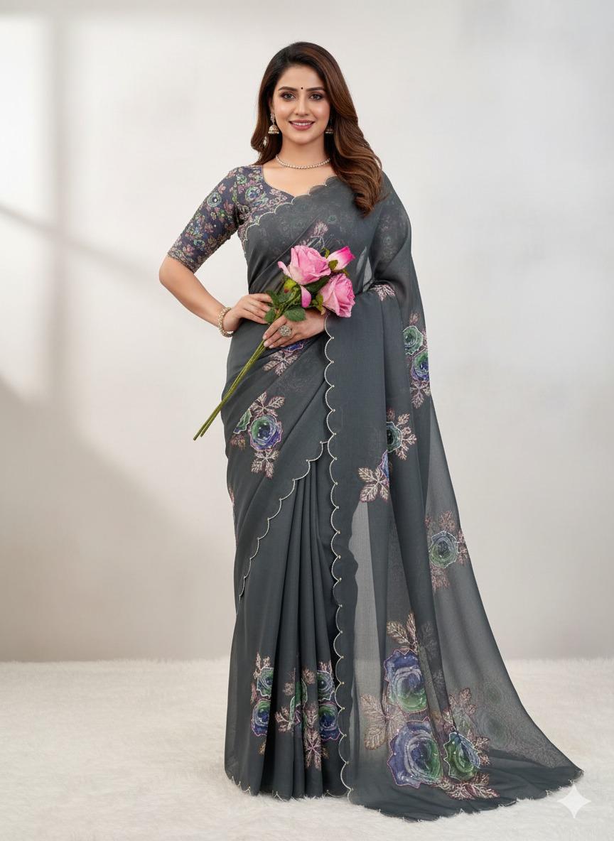 Pure Soft Tabby Organza Digital Print Saree Front View