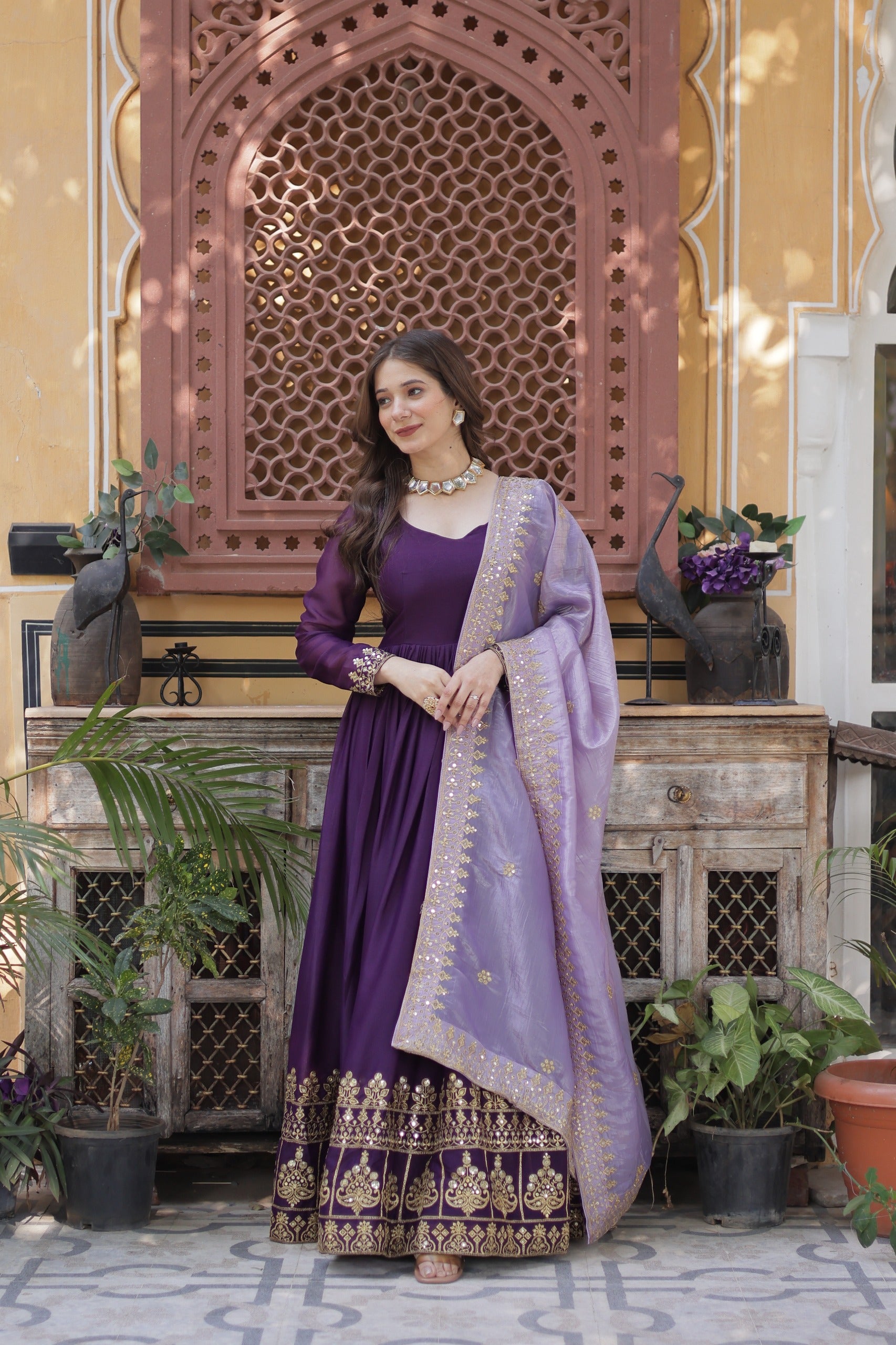 Star georgette embroidered gown