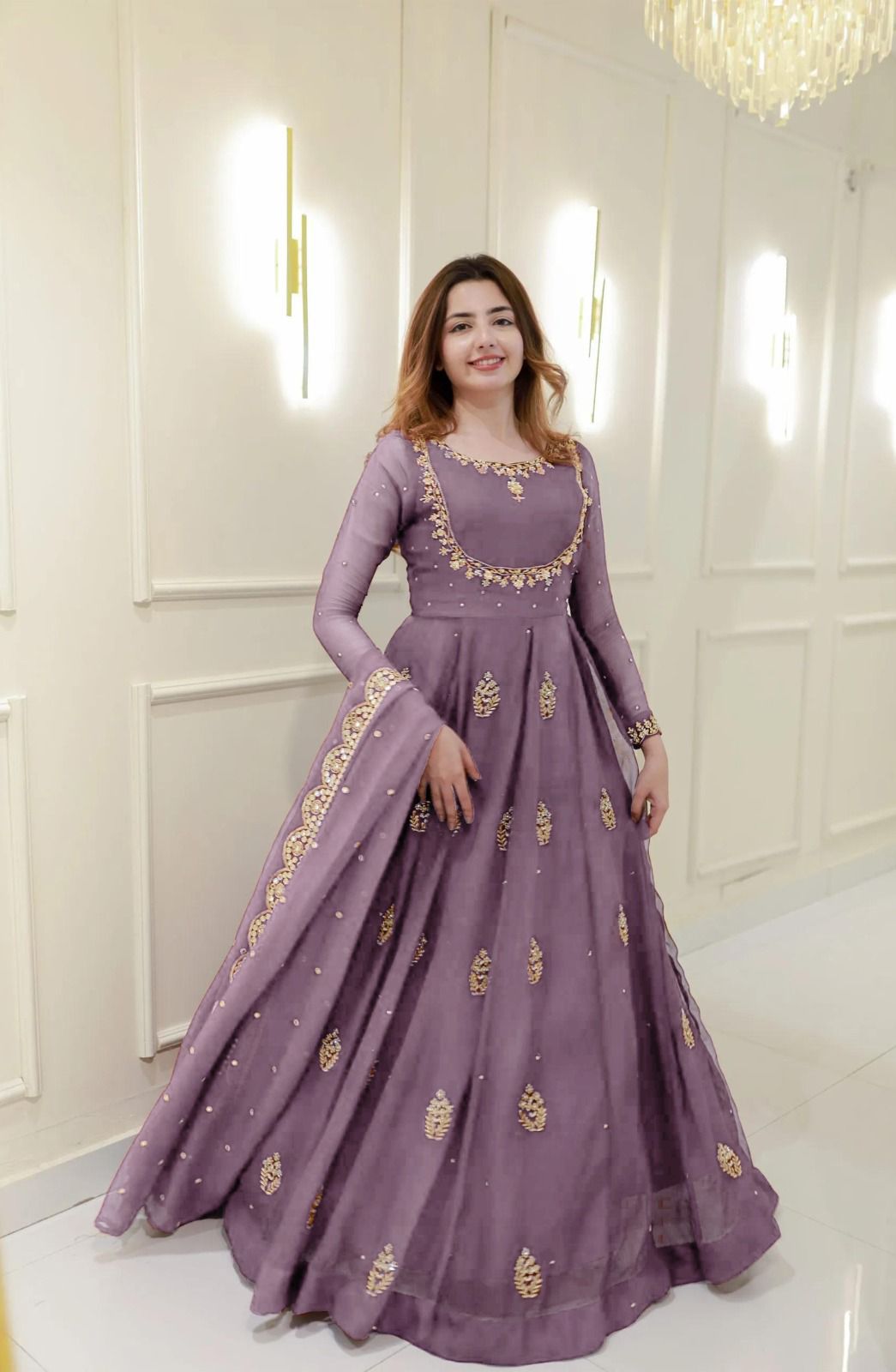 Georgette Sequin Embroidered Gown Front View