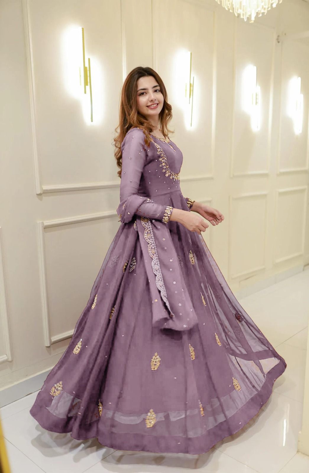 Georgette Sequin Embroidered Gown Front View