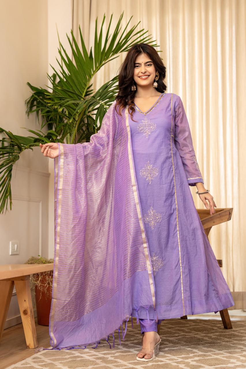 Premium Mul Chanderi Embroidered Anarkali Kurti Set Front View