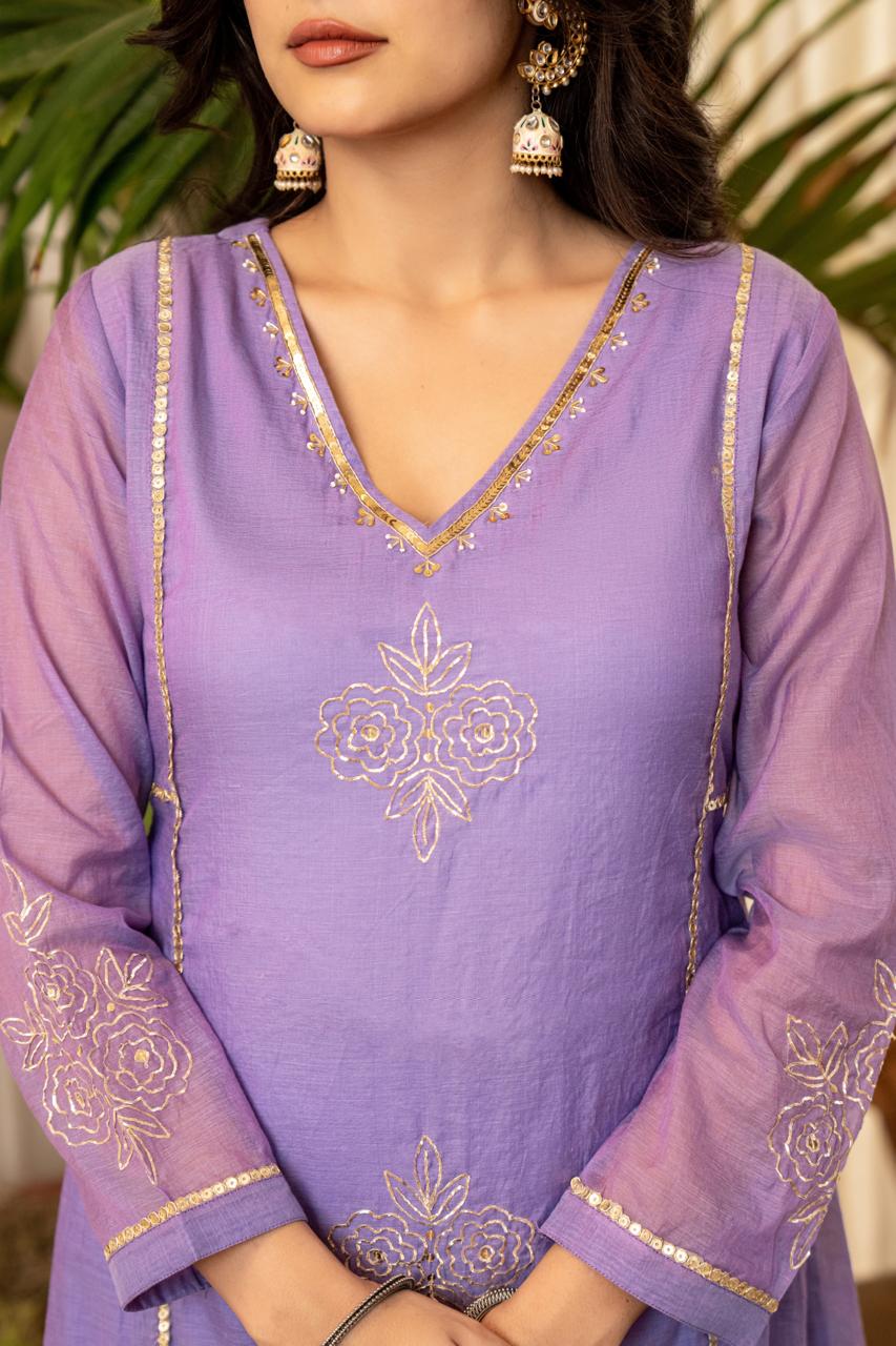 Premium Mul Chanderi Embroidered Anarkali Kurti Set Front View