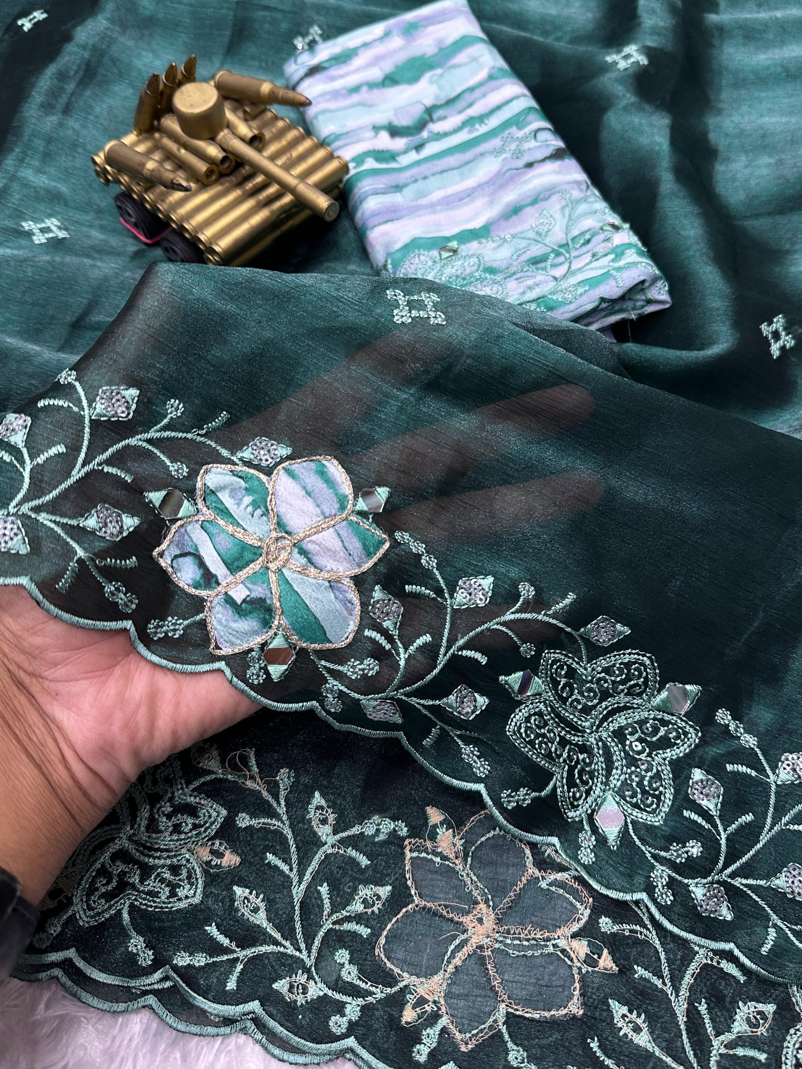 Elegant Fendi organza saree with sequin and mirror embroidery