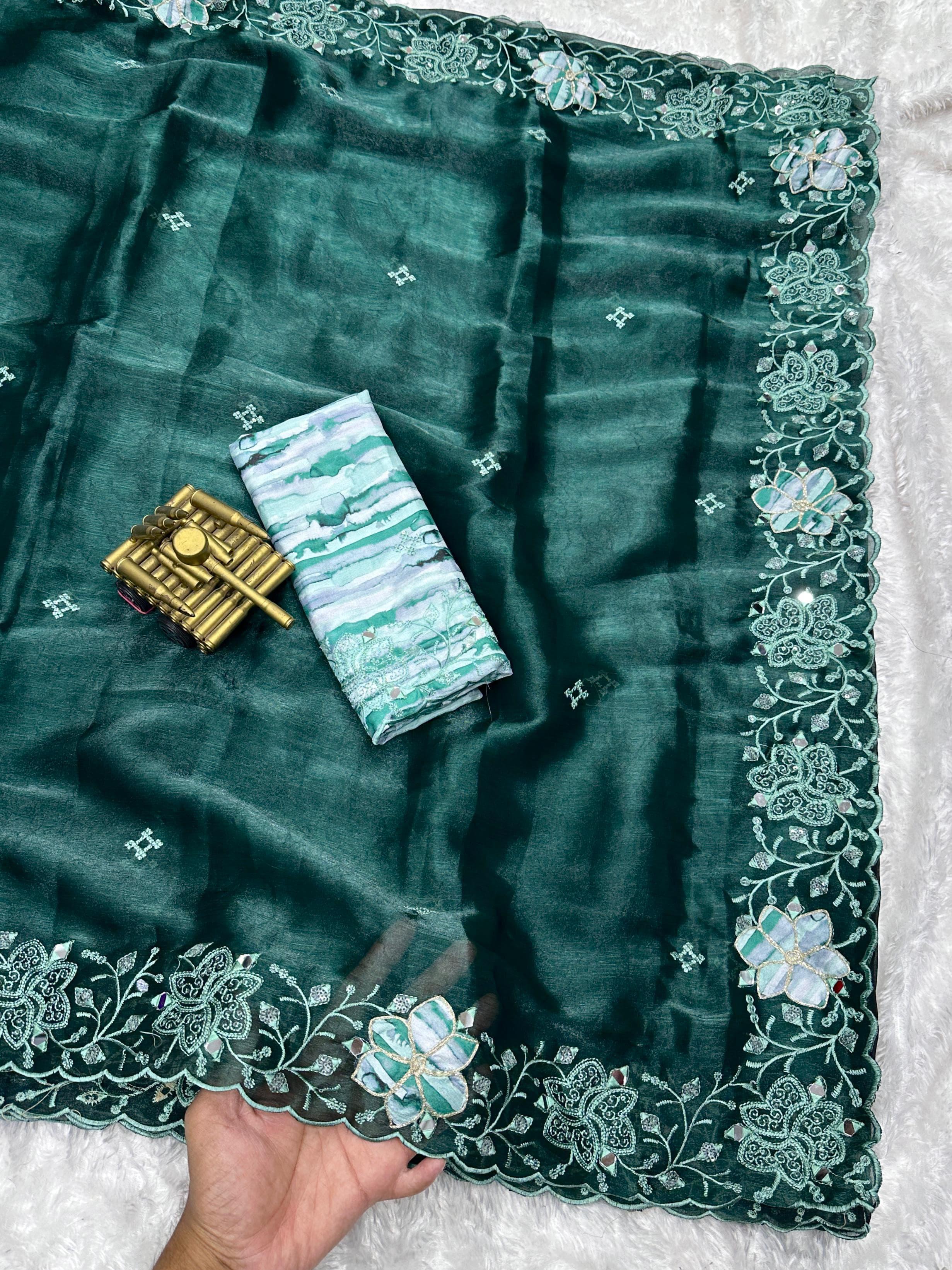 Elegant Fendi organza saree with sequin and mirror embroidery