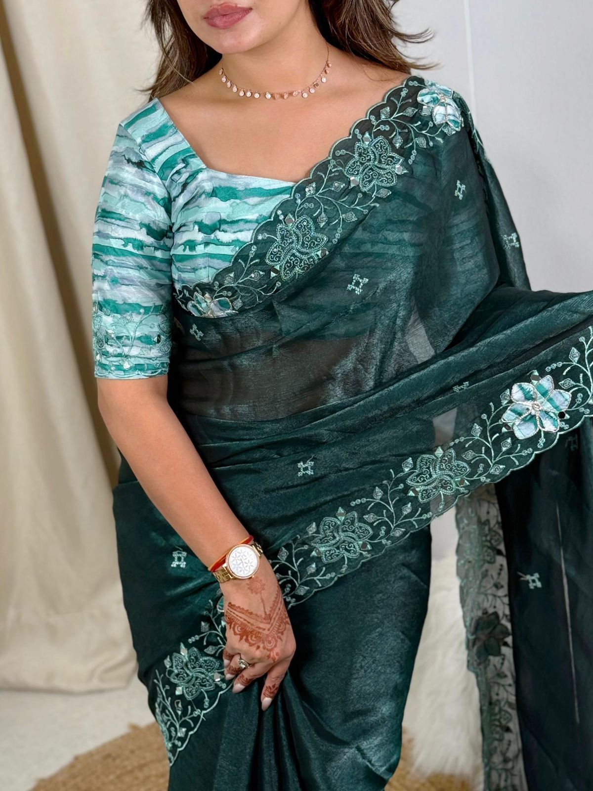 Elegant Fendi organza saree with sequin and mirror embroidery