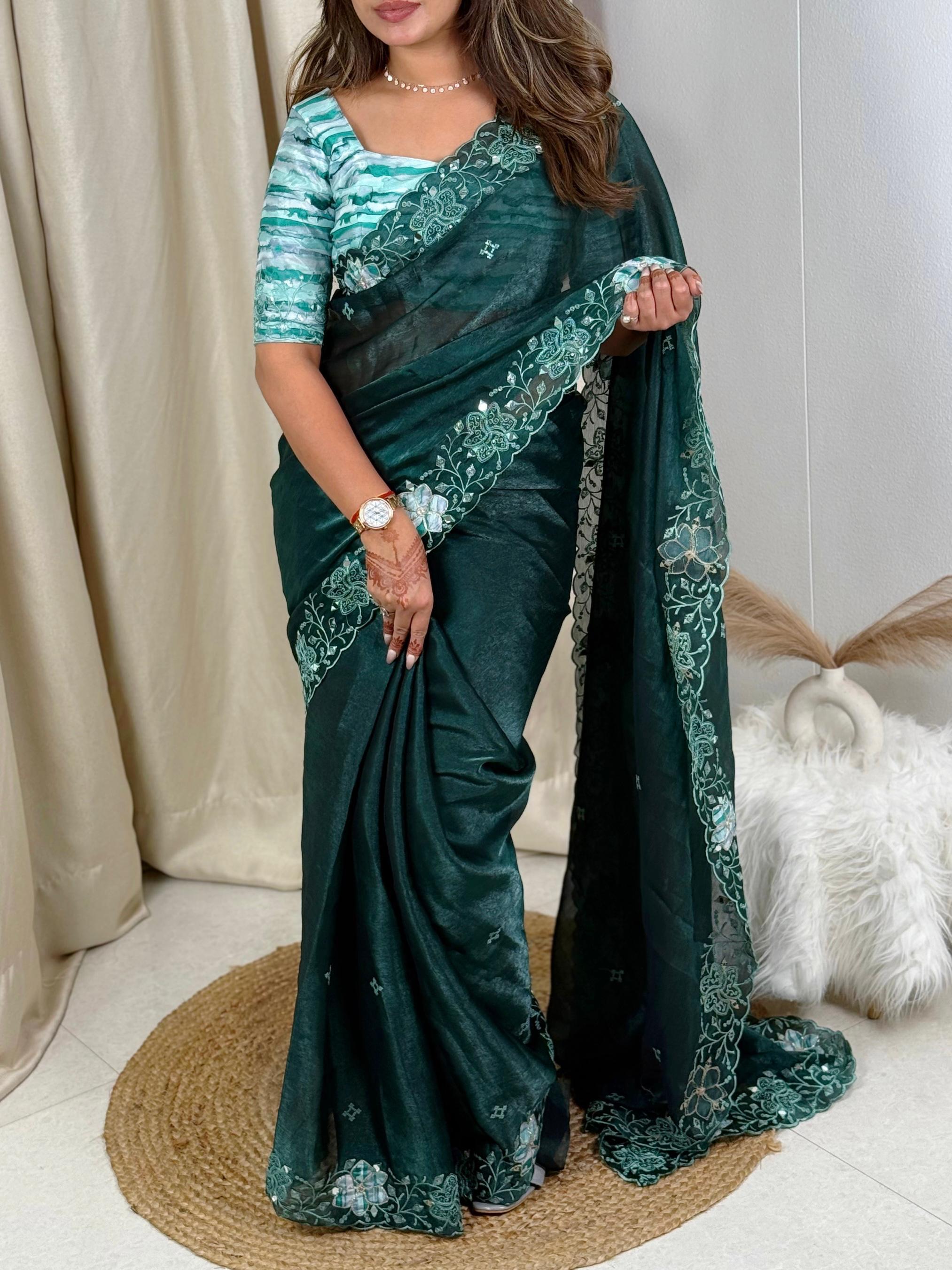 Elegant Fendi organza saree with sequin and mirror embroidery