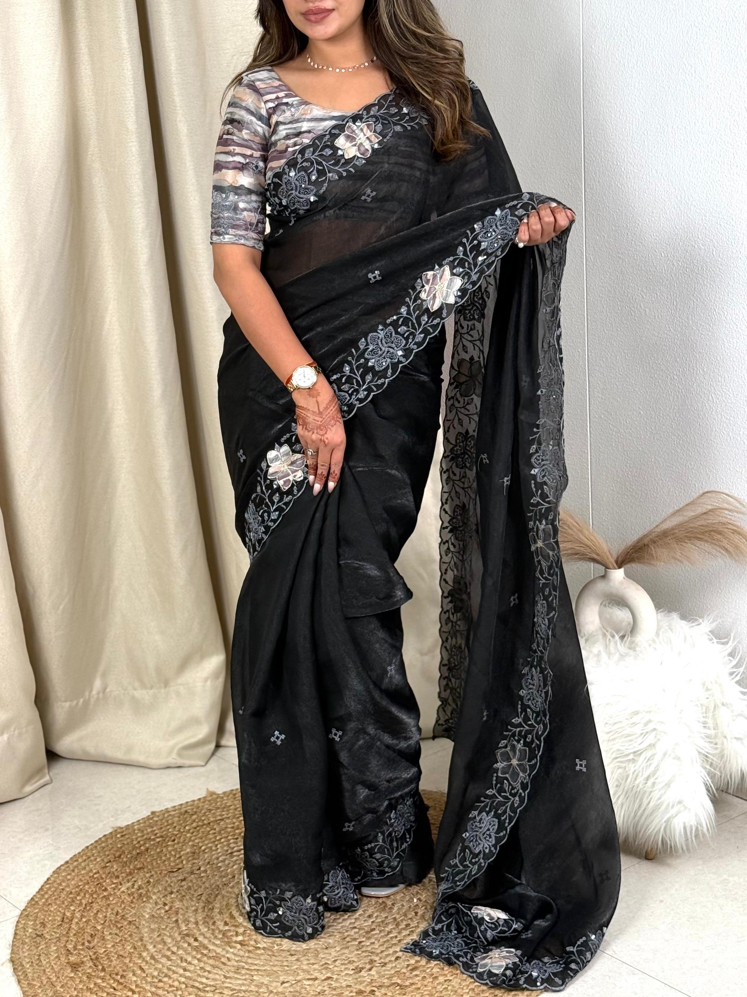 Elegant Fendi organza saree with sequin and mirror embroidery