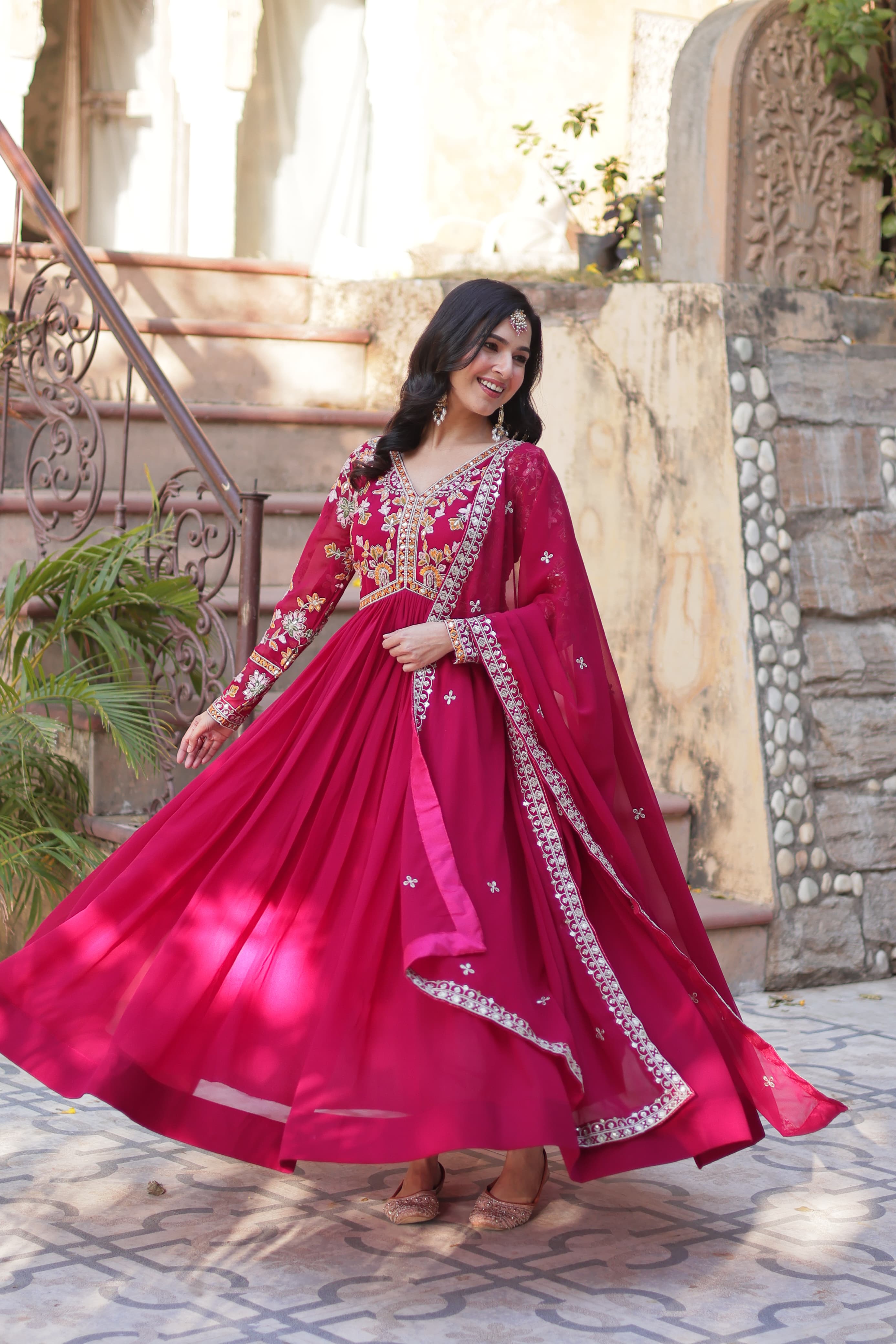 V-neck full sleeve ethnic gown design
