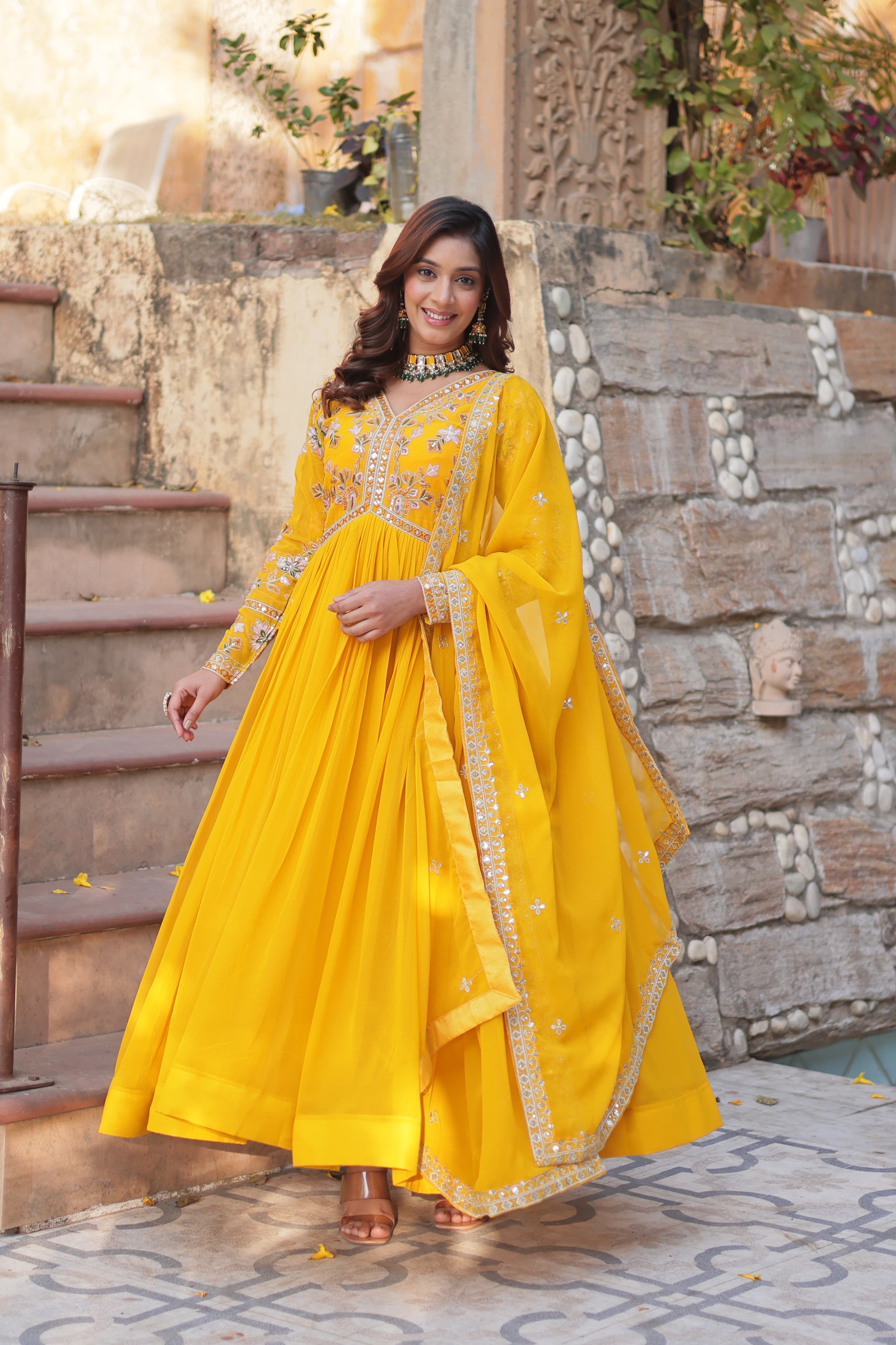  Faux Blooming embroidered gown with dupatta
